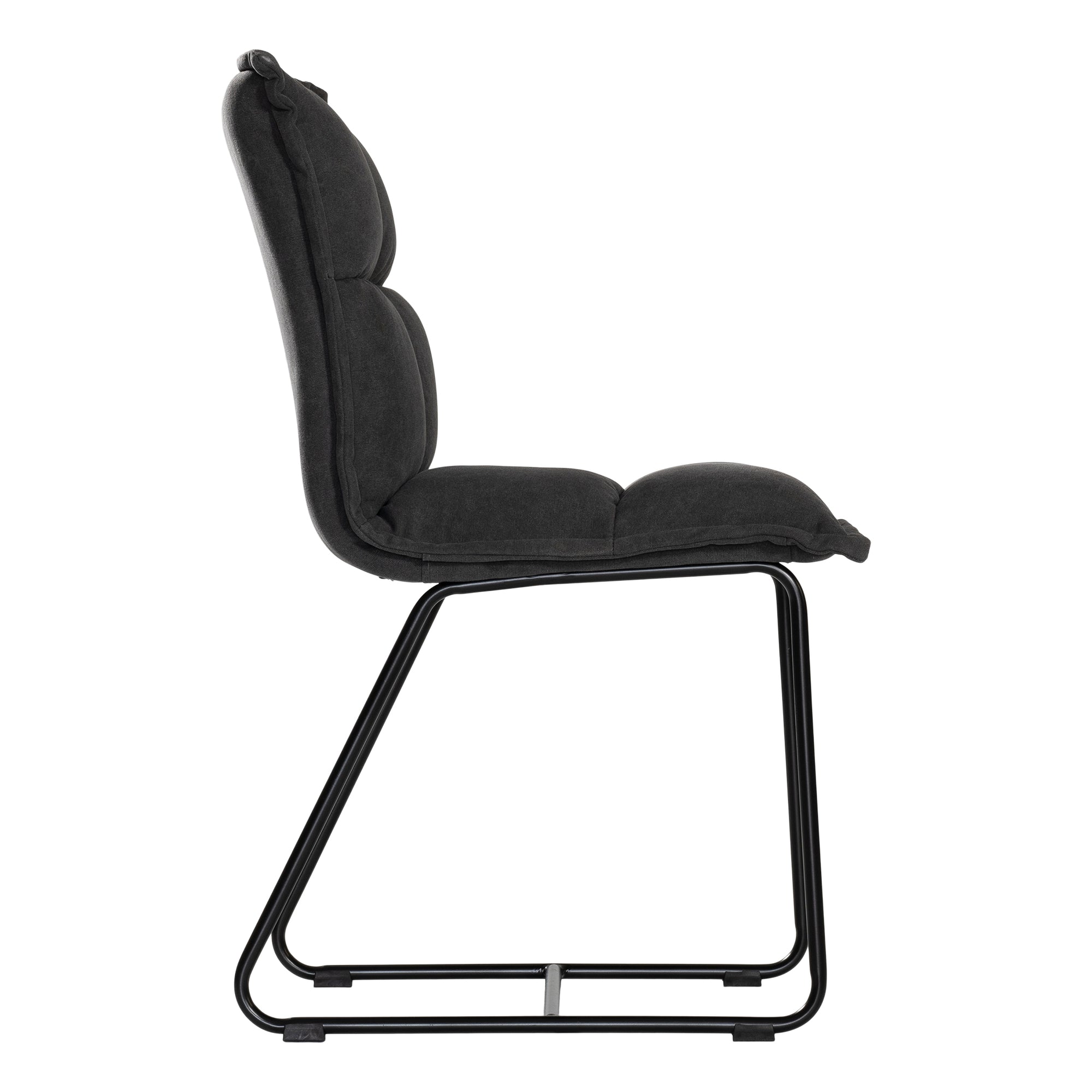 Black cushioned dining chair with a plush padded seat and high backrest, supported by a sleek black metal frame for a contemporary and comfortable seating option