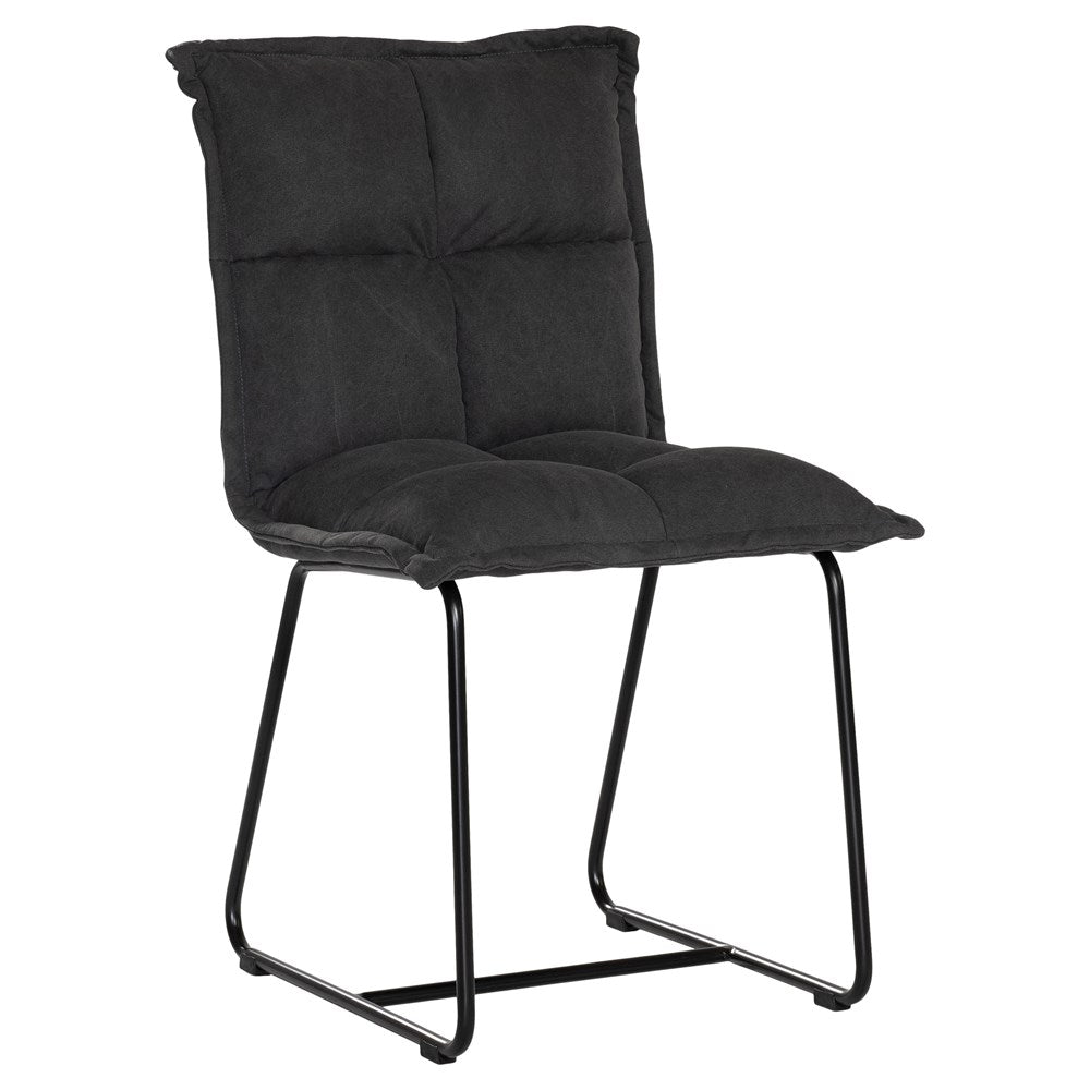 Black cushioned dining chair with a plush padded seat and high backrest, supported by a sleek black metal frame for a contemporary and comfortable seating option