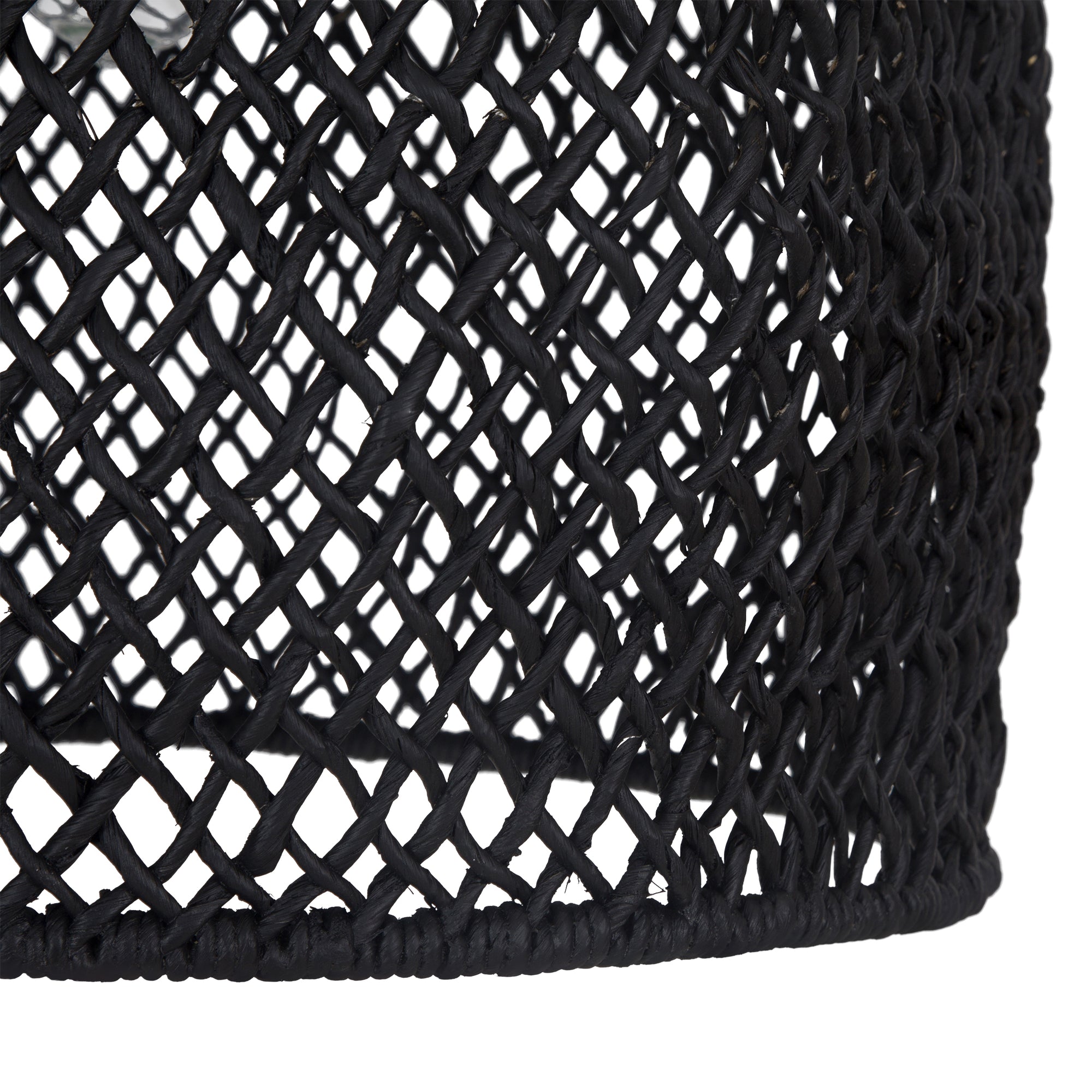 Black woven rattan pendant light with a dome shape, featuring an open-weave design that casts a warm, ambient glow, perfect for modern interiors