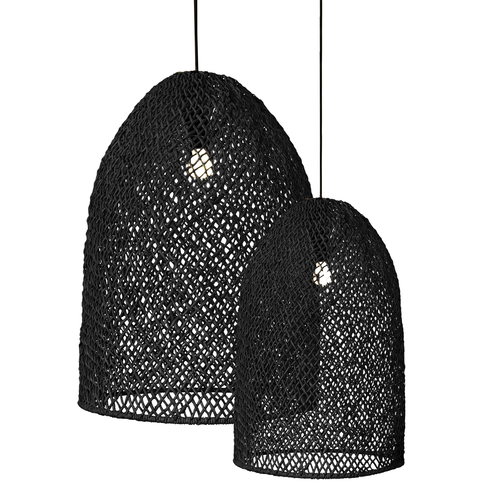 Black woven rattan pendant light with a dome shape, featuring an open-weave design that casts a warm, ambient glow, perfect for modern interiors