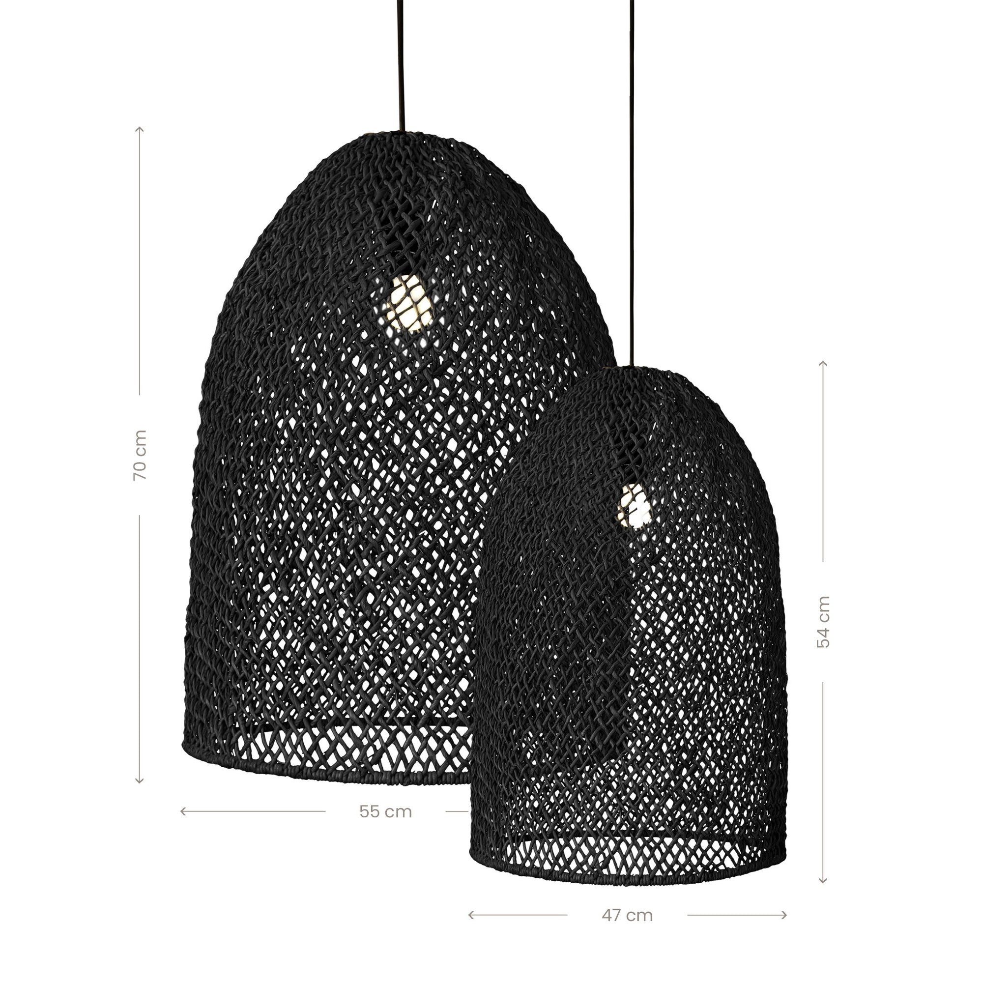 Black woven rattan pendant light with a dome shape, featuring an open-weave design that casts a warm, ambient glow, perfect for modern interiors