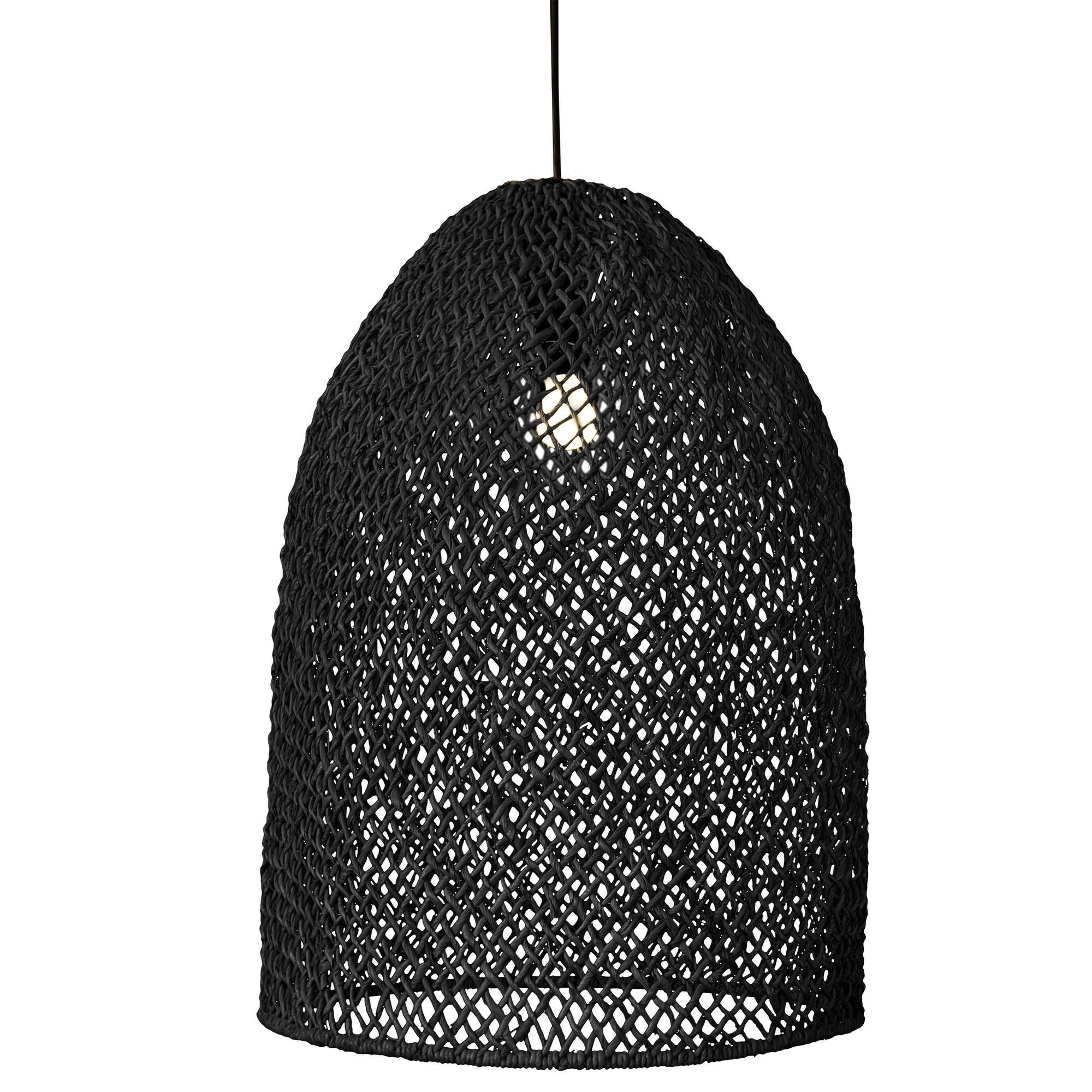 Black woven rattan pendant light with a dome shape, featuring an open-weave design that casts a warm, ambient glow, perfect for modern interiors