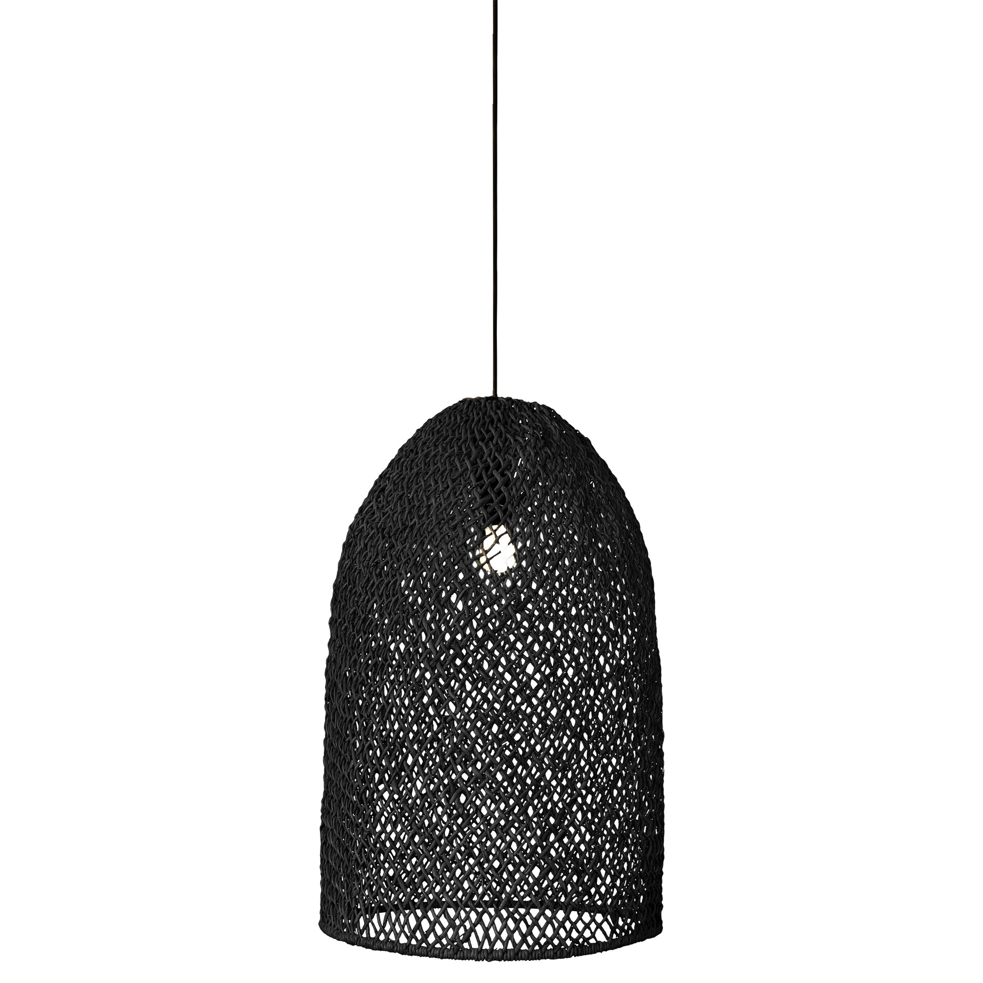 Black woven rattan pendant light with a dome shape, featuring an open-weave design that casts a warm, ambient glow, perfect for modern interiors