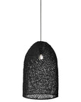 Black woven rattan pendant light with a dome shape, featuring an open-weave design that casts a warm, ambient glow, perfect for modern interiors