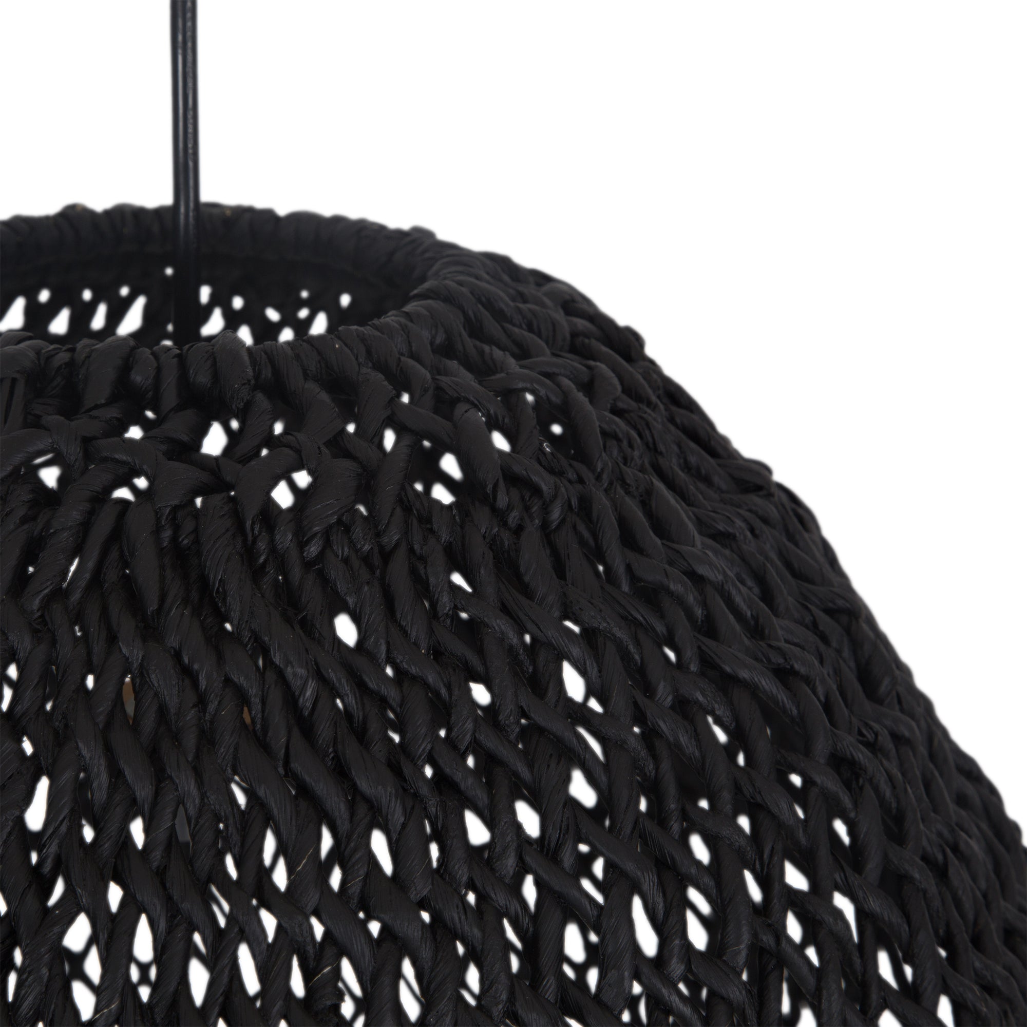 Black woven rattan pendant light with a dome shape, featuring an open-weave design that casts a warm, ambient glow, perfect for modern interiors