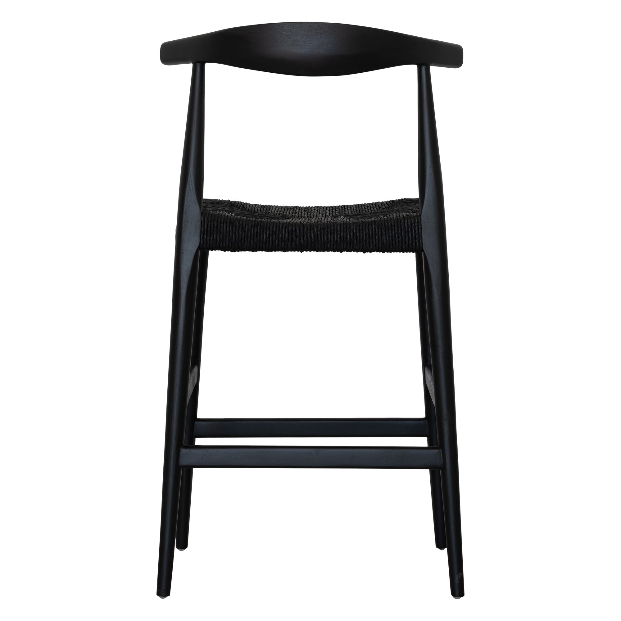 Sleek black wood bar stool with a woven seat, featuring a minimalist curved backrest for a stylish and modern aesthetic