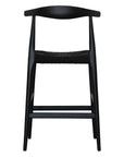 Sleek black wood bar stool with a woven seat, featuring a minimalist curved backrest for a stylish and modern aesthetic