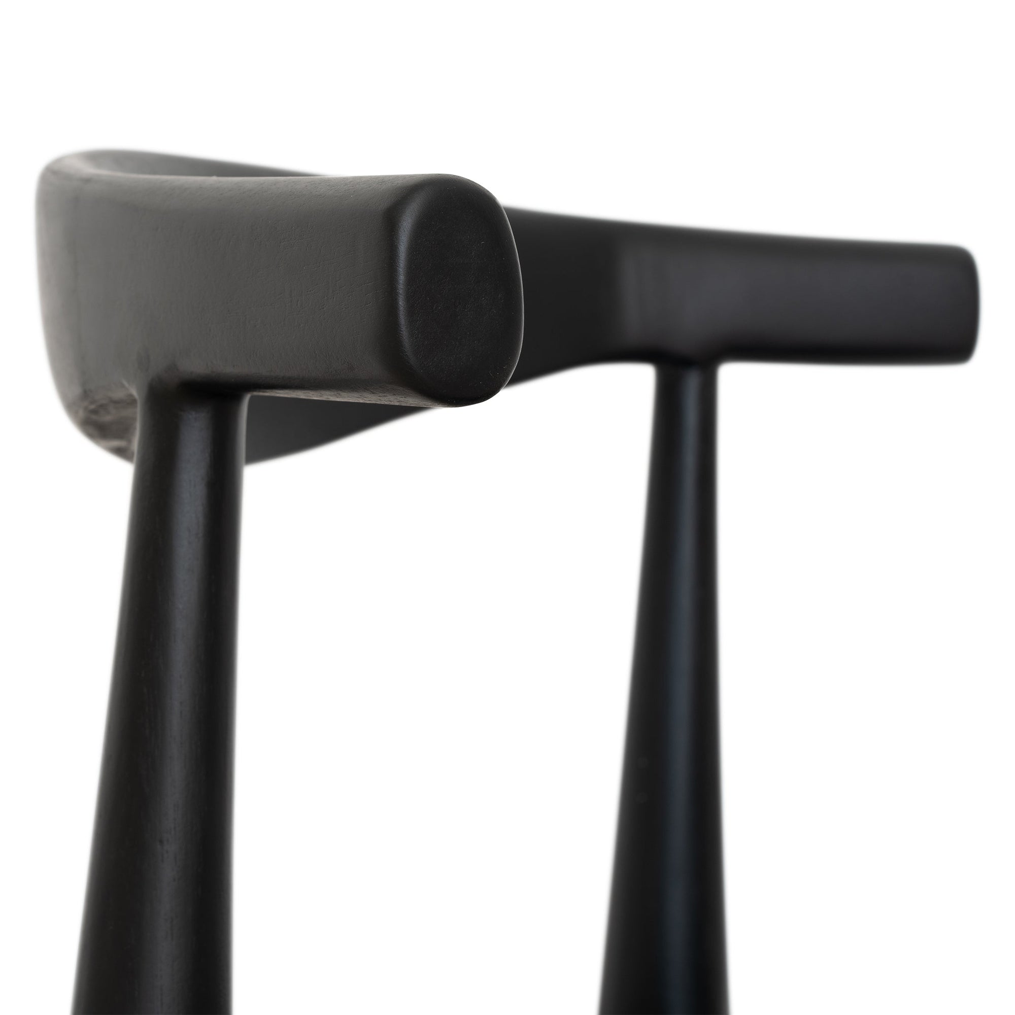 Sleek black wood bar stool with a woven seat, featuring a minimalist curved backrest for a stylish and modern aesthetic