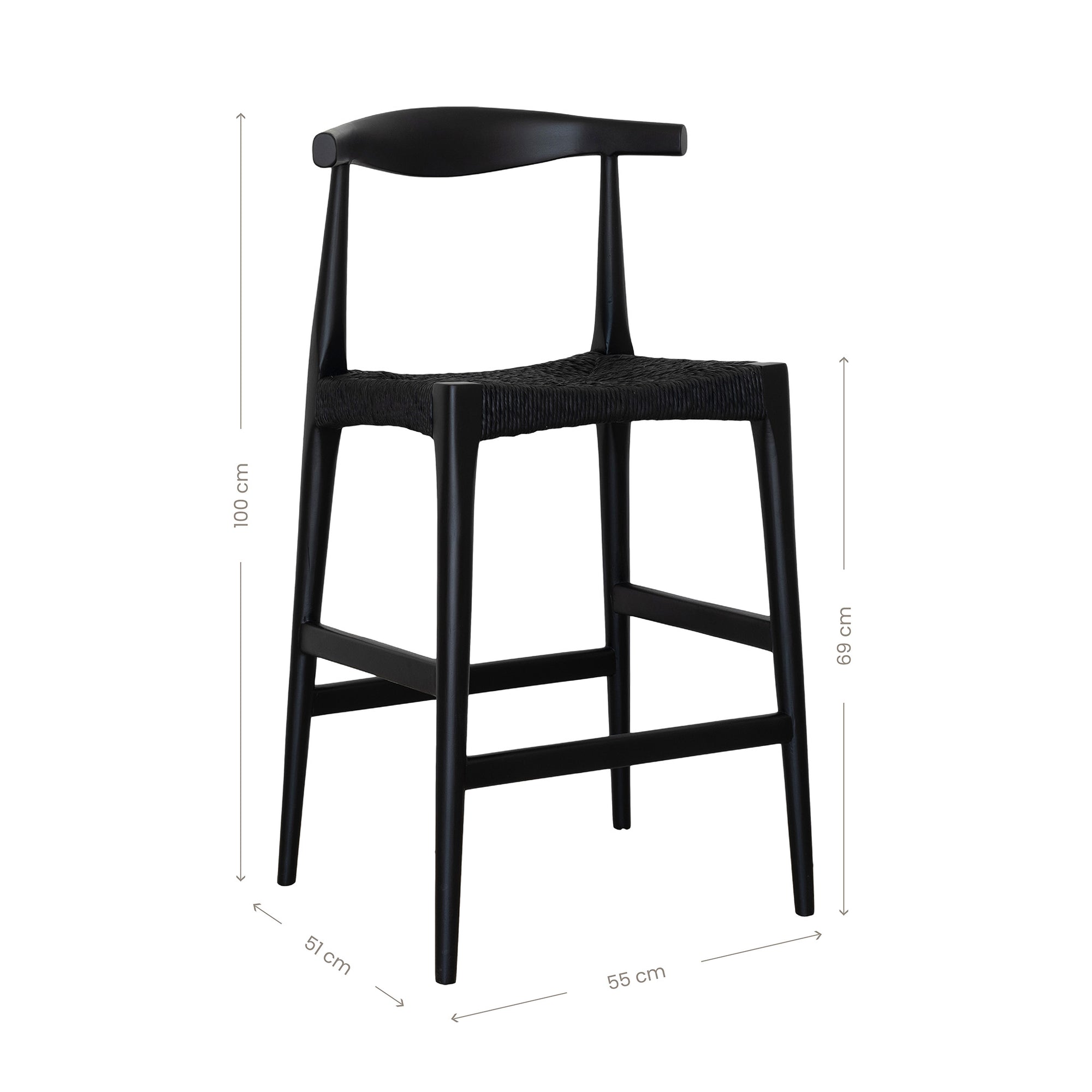 Sleek black wood bar stool with a woven seat, featuring a minimalist curved backrest for a stylish and modern aesthetic