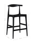 Sleek black wood bar stool with a woven seat, featuring a minimalist curved backrest for a stylish and modern aesthetic