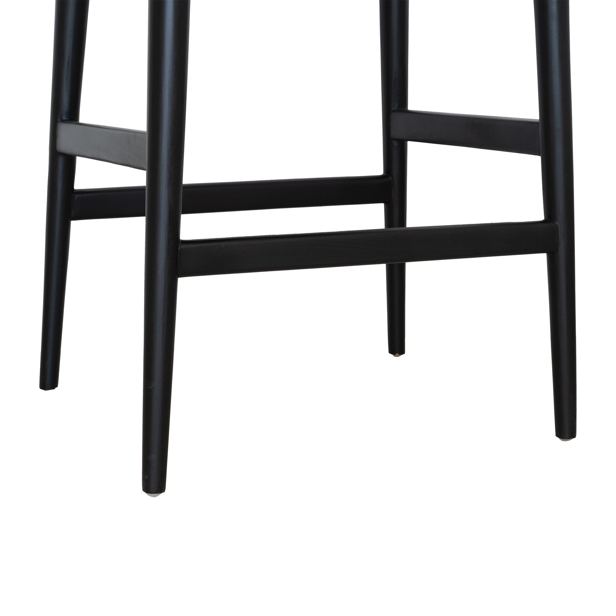 Sleek black wood bar stool with a woven seat, featuring a minimalist curved backrest for a stylish and modern aesthetic