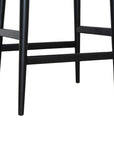 Sleek black wood bar stool with a woven seat, featuring a minimalist curved backrest for a stylish and modern aesthetic