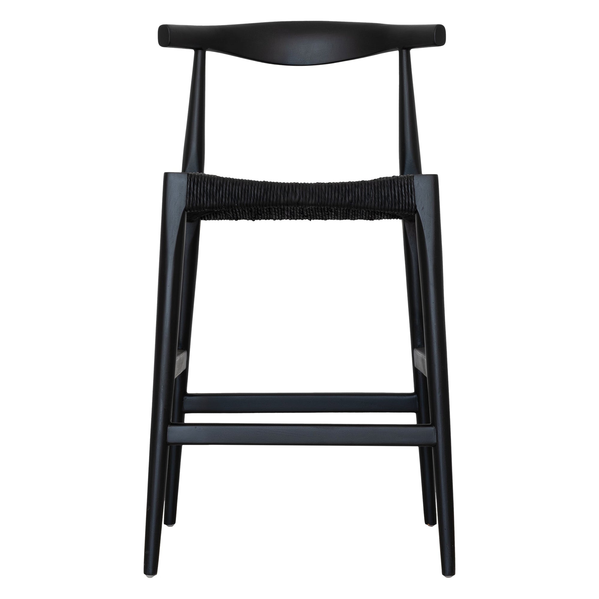 Sleek black wood bar stool with a woven seat, featuring a minimalist curved backrest for a stylish and modern aesthetic