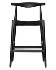 Sleek black wood bar stool with a woven seat, featuring a minimalist curved backrest for a stylish and modern aesthetic