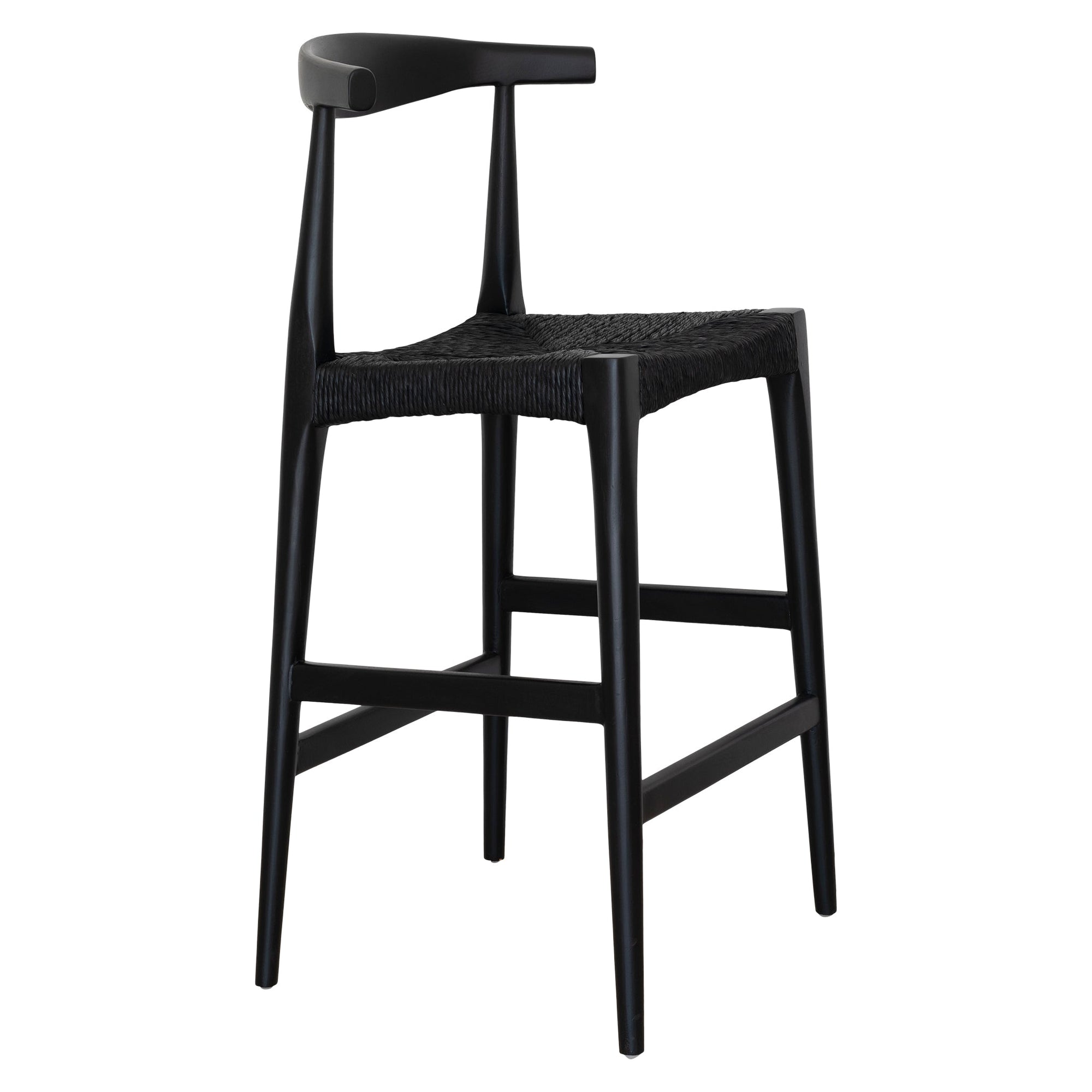 Sleek black wood bar stool with a woven seat, featuring a minimalist curved backrest for a stylish and modern aesthetic