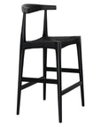 Sleek black wood bar stool with a woven seat, featuring a minimalist curved backrest for a stylish and modern aesthetic