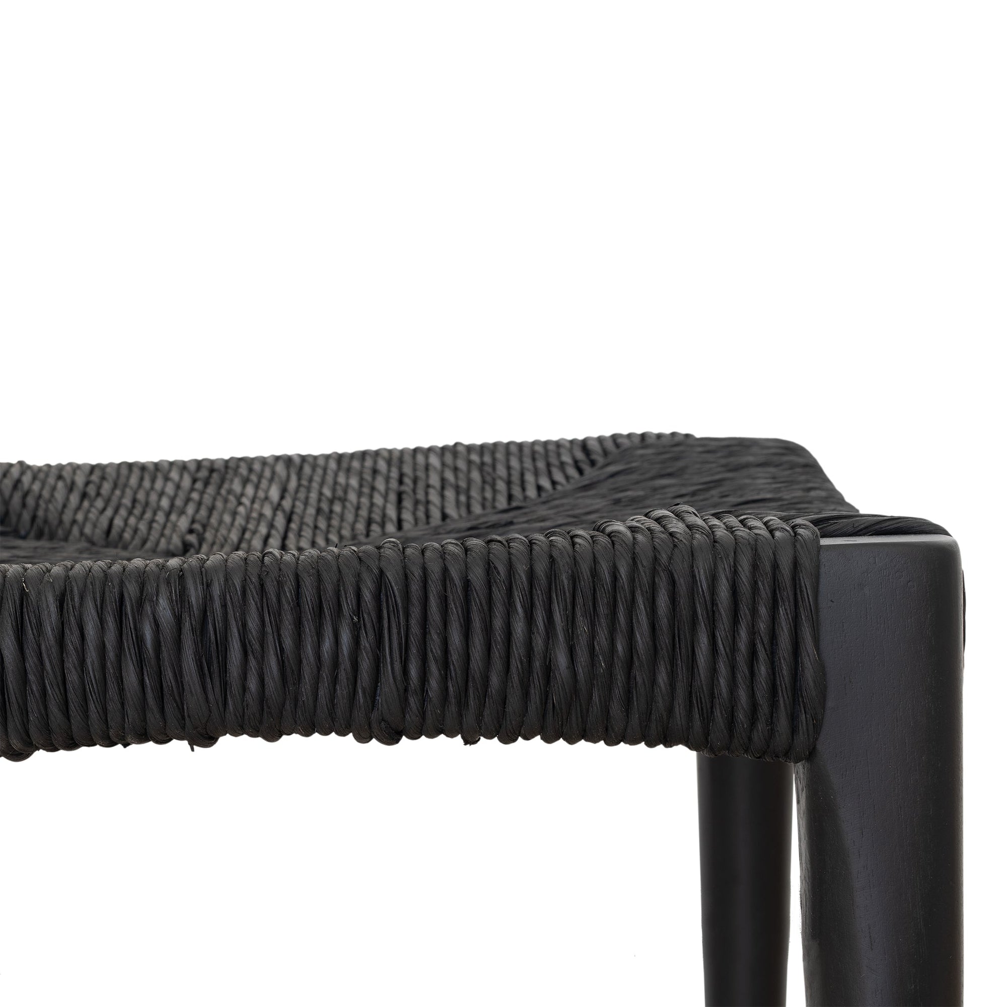 Sleek black wood bar stool with a woven seat, featuring a minimalist curved backrest for a stylish and modern aesthetic