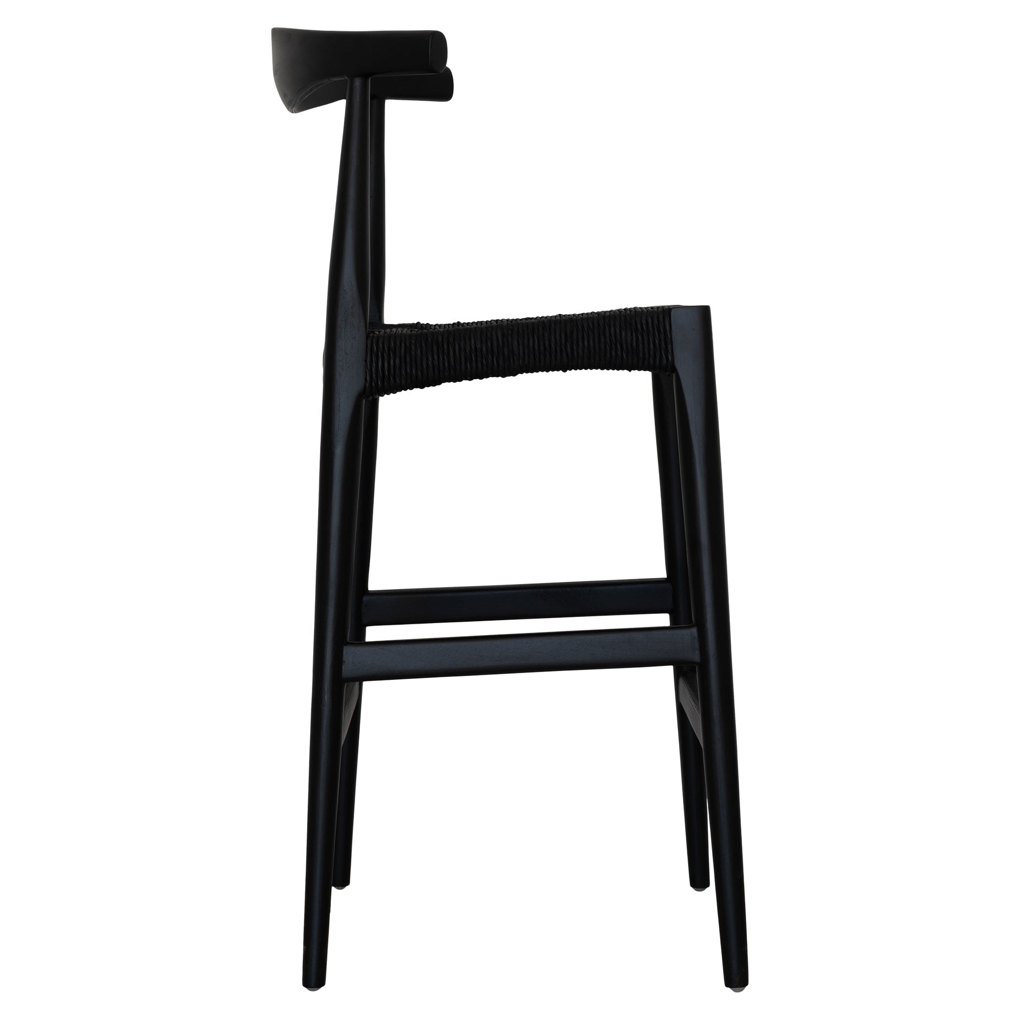 Sleek black wood bar stool with a woven seat, featuring a minimalist curved backrest for a stylish and modern aesthetic