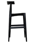 Sleek black wood bar stool with a woven seat, featuring a minimalist curved backrest for a stylish and modern aesthetic