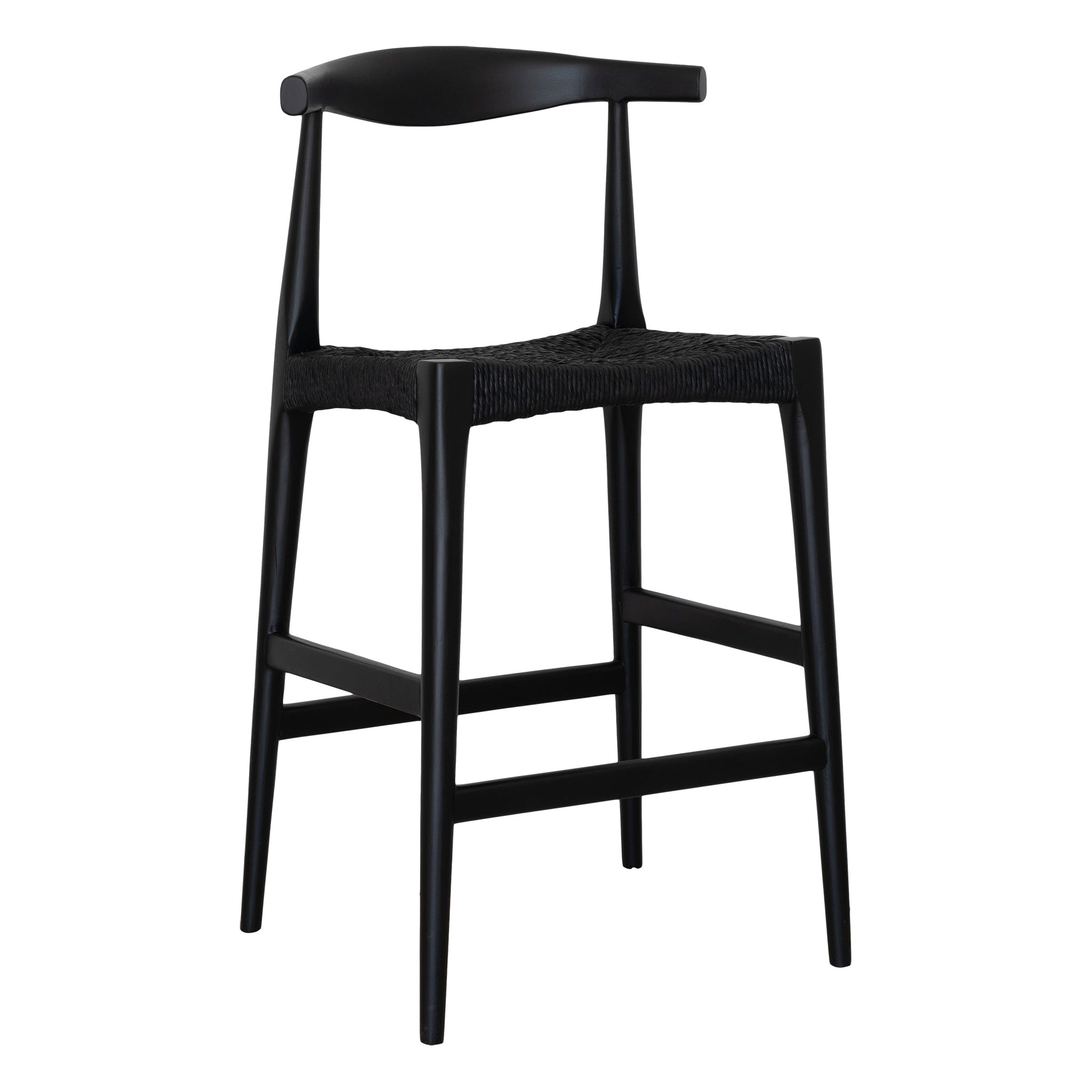 Sleek black wood bar stool with a woven seat, featuring a minimalist curved backrest for a stylish and modern aesthetic