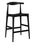 Sleek black wood bar stool with a woven seat, featuring a minimalist curved backrest for a stylish and modern aesthetic