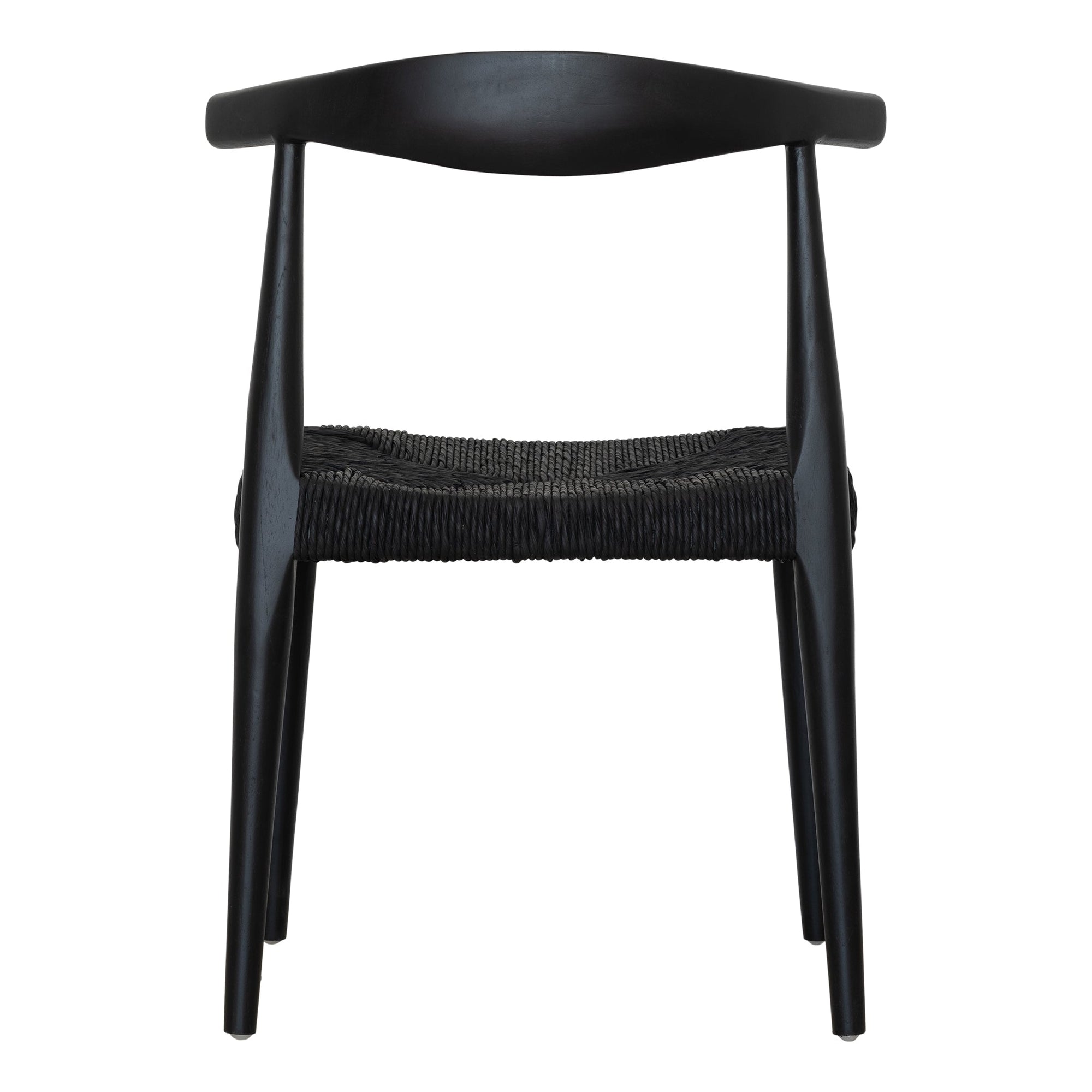 Contemporary black wood dining chair with a woven seat and sculptural backrest, offering a sophisticated and modern touch to any dining space