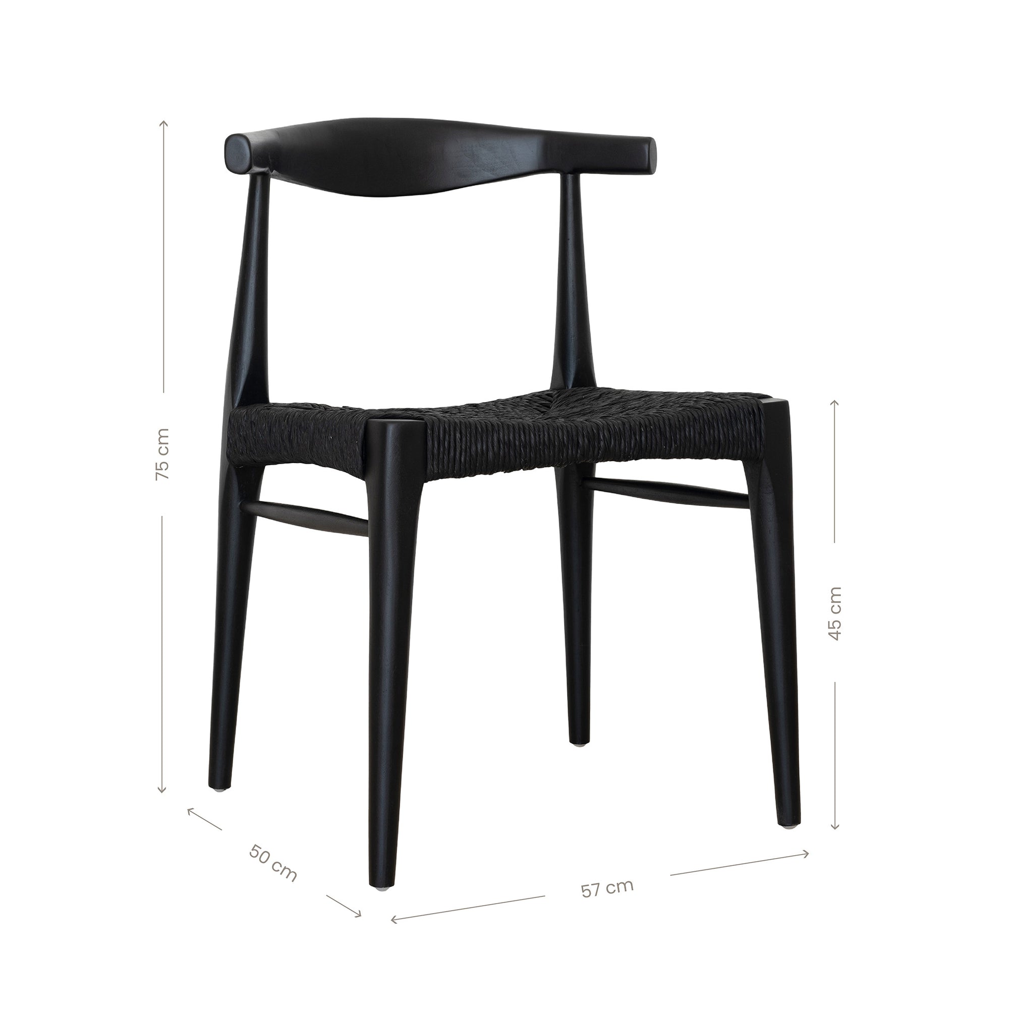 Contemporary black wood dining chair with a woven seat and sculptural backrest, offering a sophisticated and modern touch to any dining space