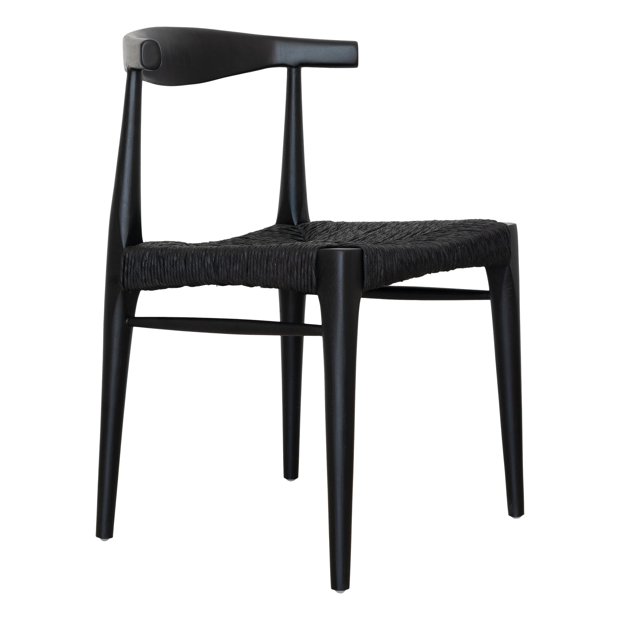 Contemporary black wood dining chair with a woven seat and sculptural backrest, offering a sophisticated and modern touch to any dining space