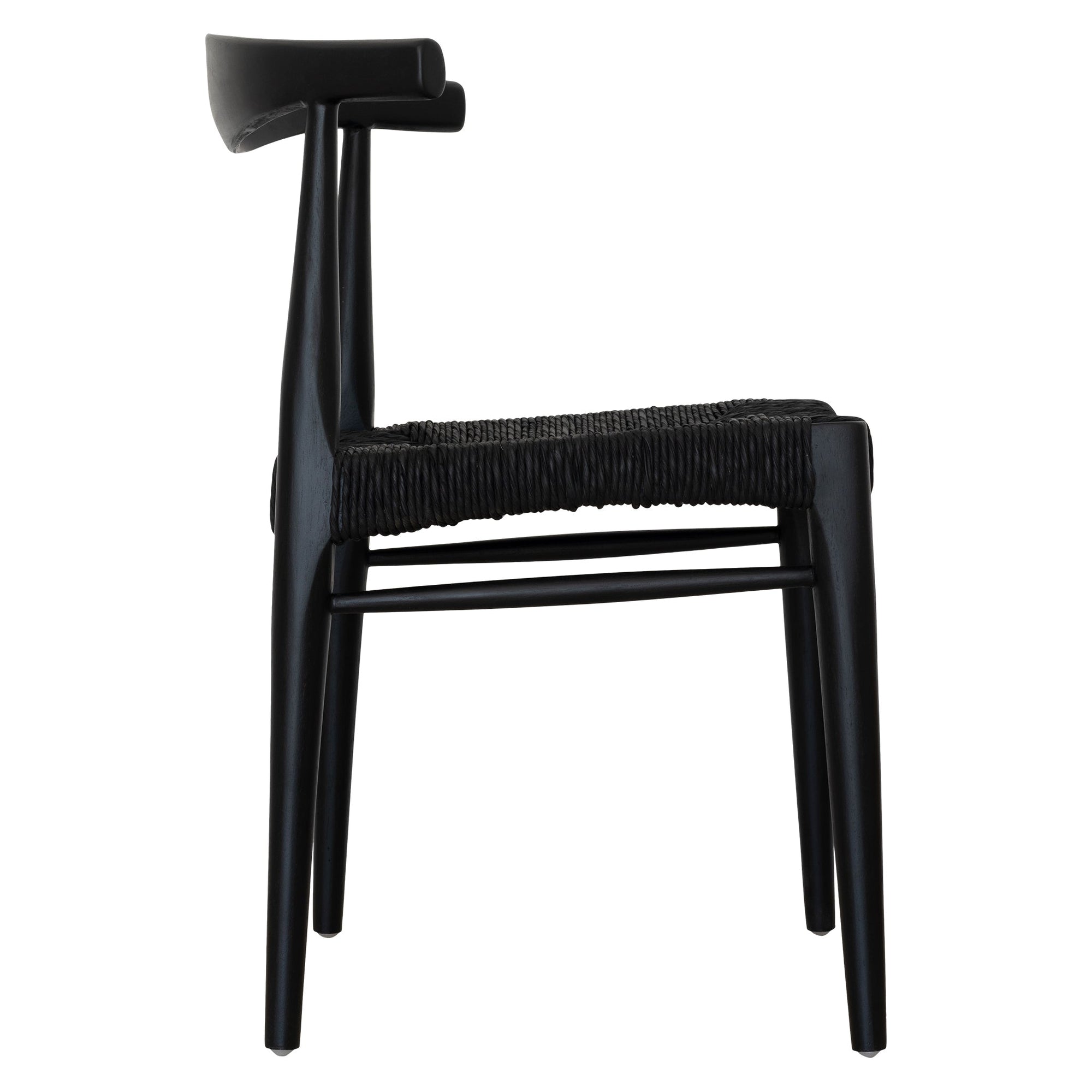 Contemporary black wood dining chair with a woven seat and sculptural backrest, offering a sophisticated and modern touch to any dining space