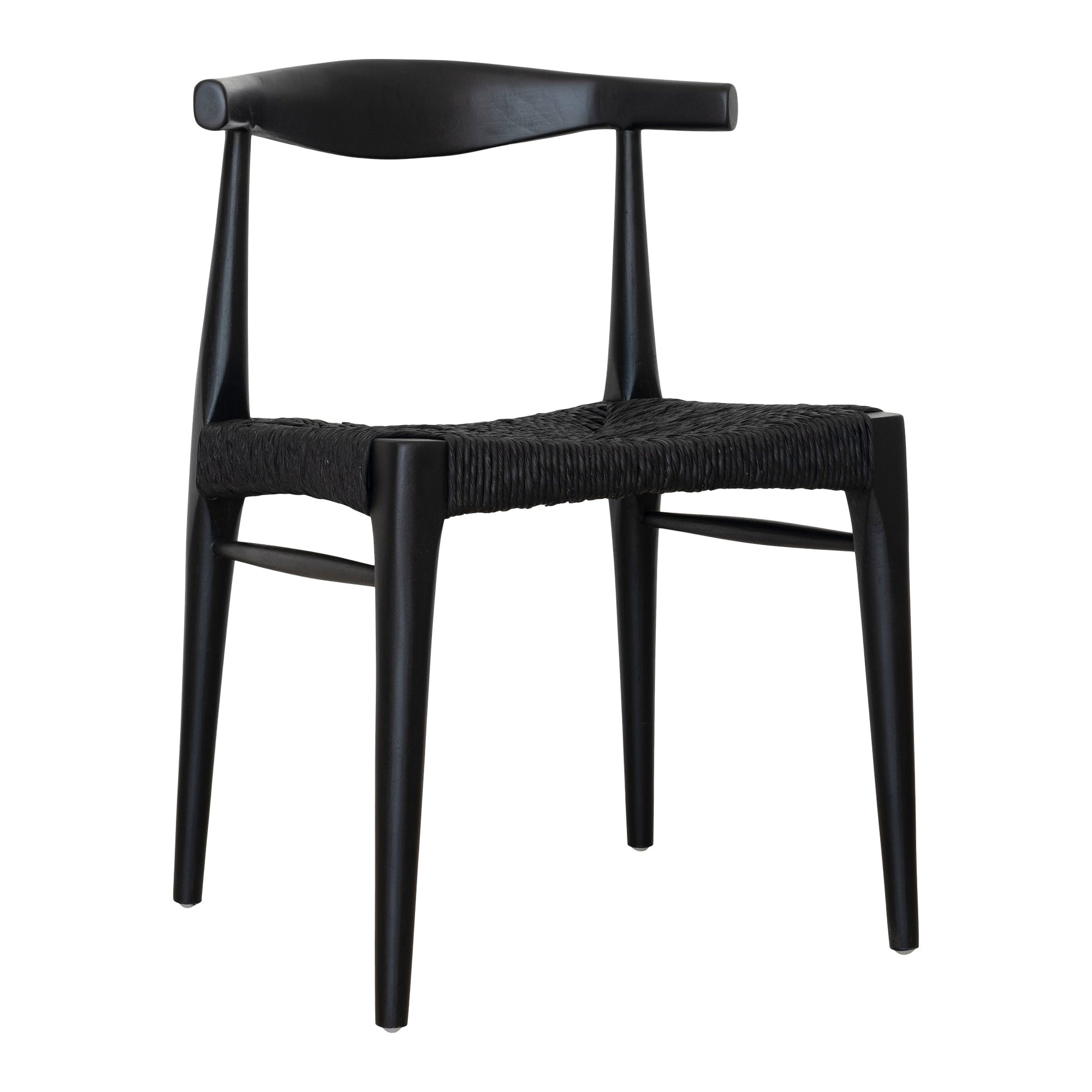 Contemporary black wood dining chair with a woven seat and sculptural backrest, offering a sophisticated and modern touch to any dining space