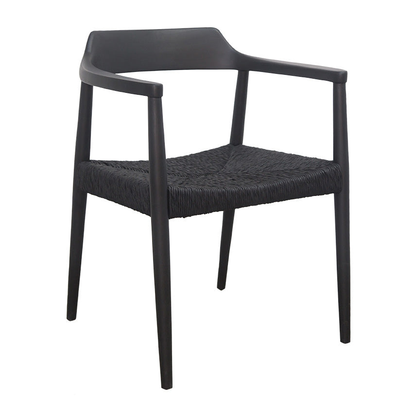 Elegant black dining chair with a woven seat and a sleek timber frame. A refined and modern seating option for contemporary interiors