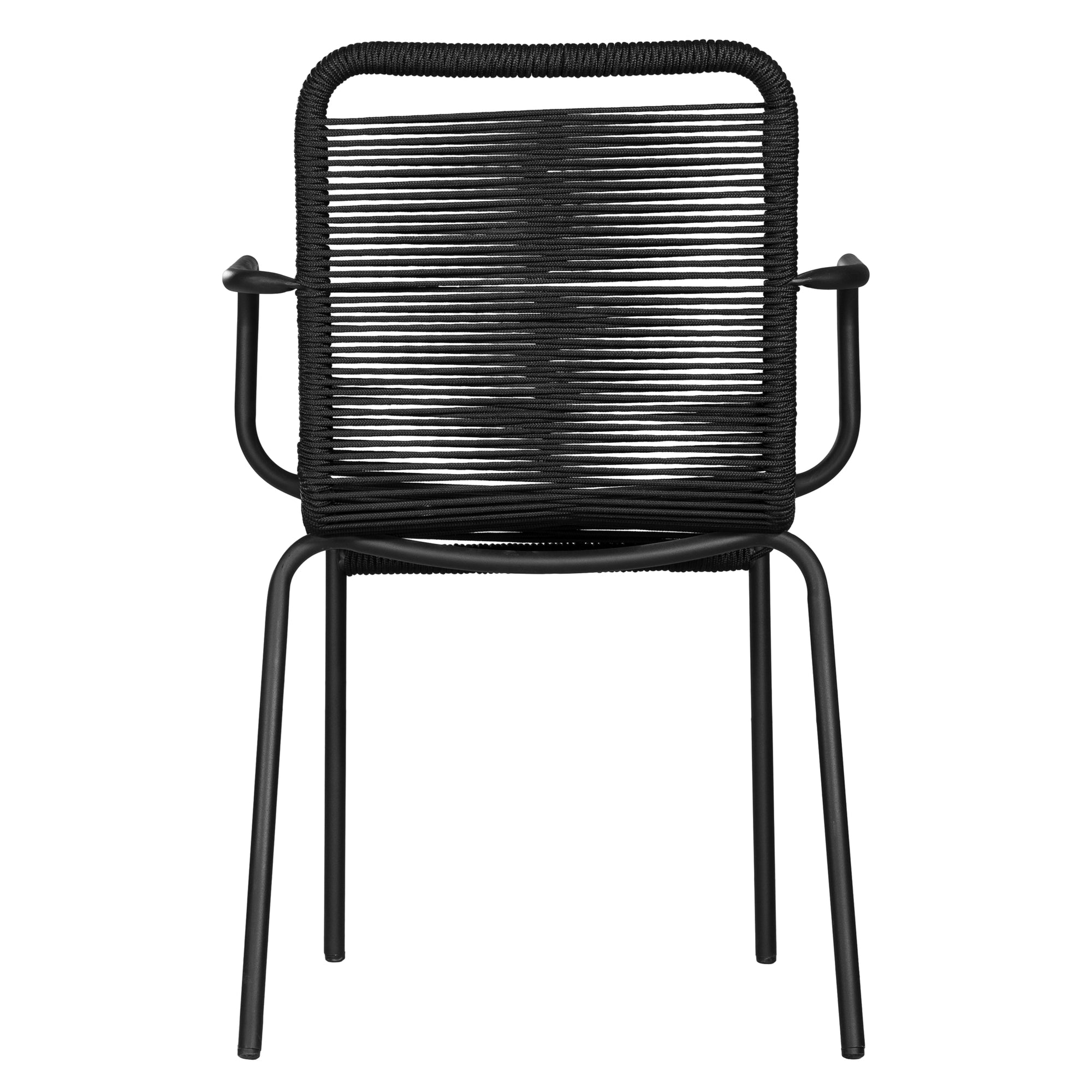 Black outdoor dining chair featuring a sleek powder-coated metal frame and handwoven rope design, perfect for contemporary alfresco spaces