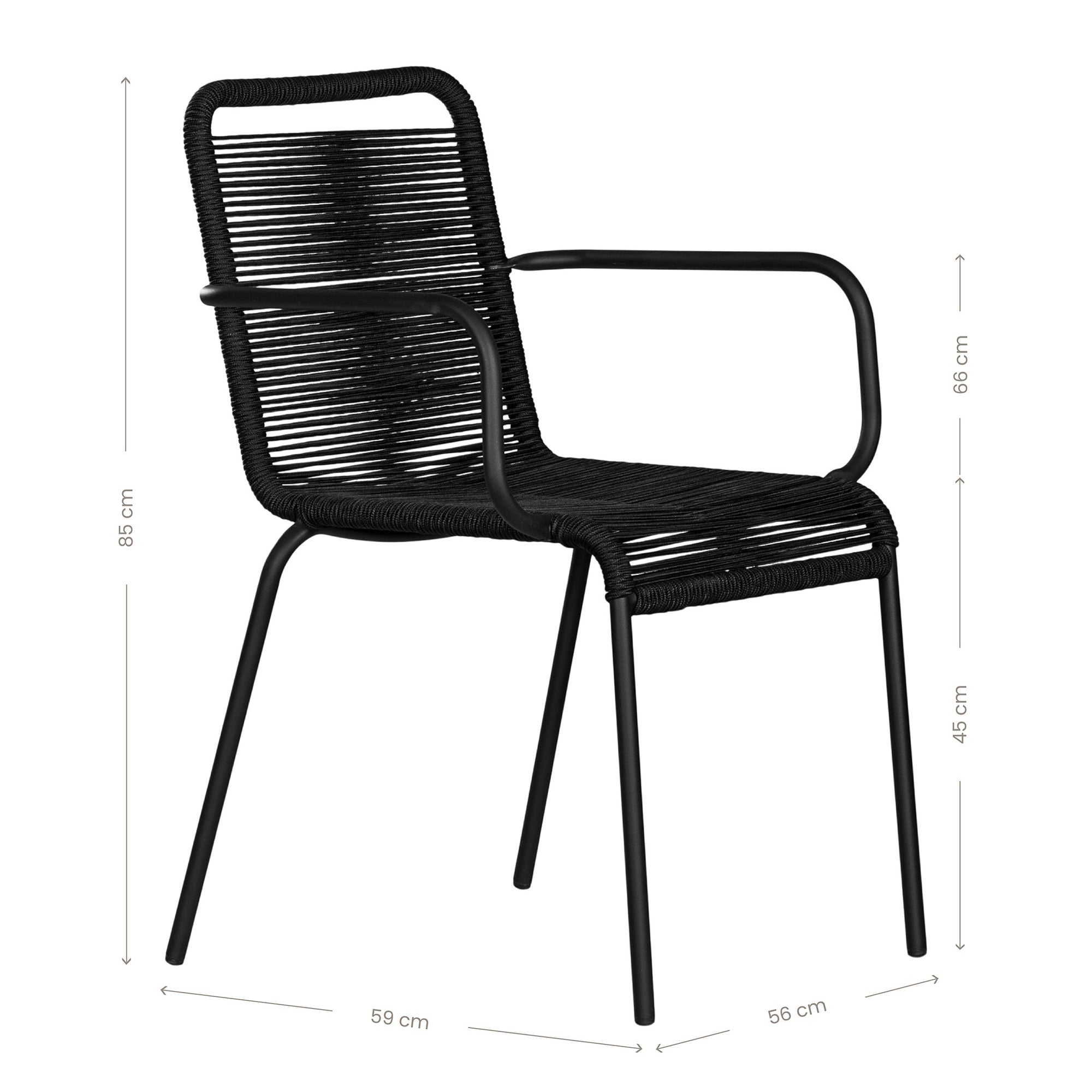 Black outdoor dining chair featuring a sleek powder-coated metal frame and handwoven rope design, perfect for contemporary alfresco spaces