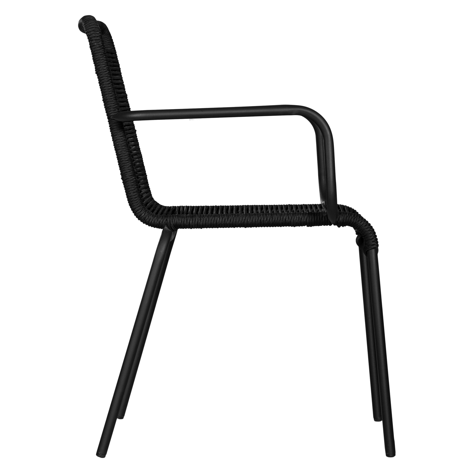 Black outdoor dining chair featuring a sleek powder-coated metal frame and handwoven rope design, perfect for contemporary alfresco spaces