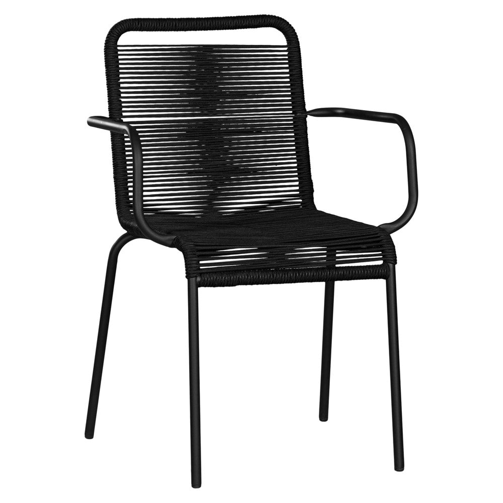 Black outdoor dining chair featuring a sleek powder-coated metal frame and handwoven rope design, perfect for contemporary alfresco spaces