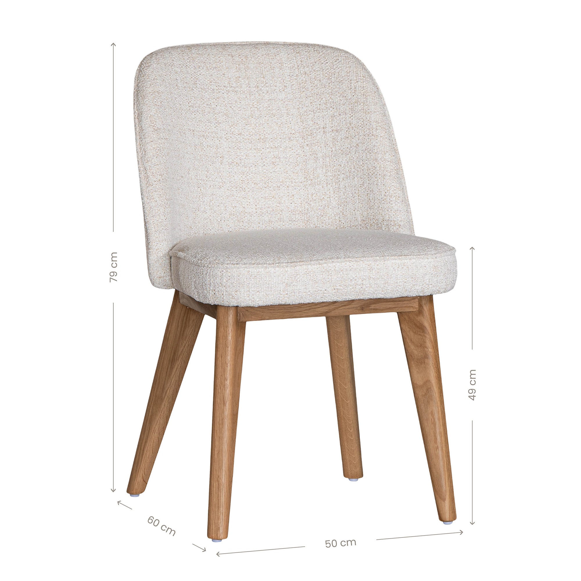 Elegant boucle dining chair with a curved upholstered backrest and plush cushioned seat, supported by tapered lightwood legs. A refined and comfortable seating option for modern dining spaces