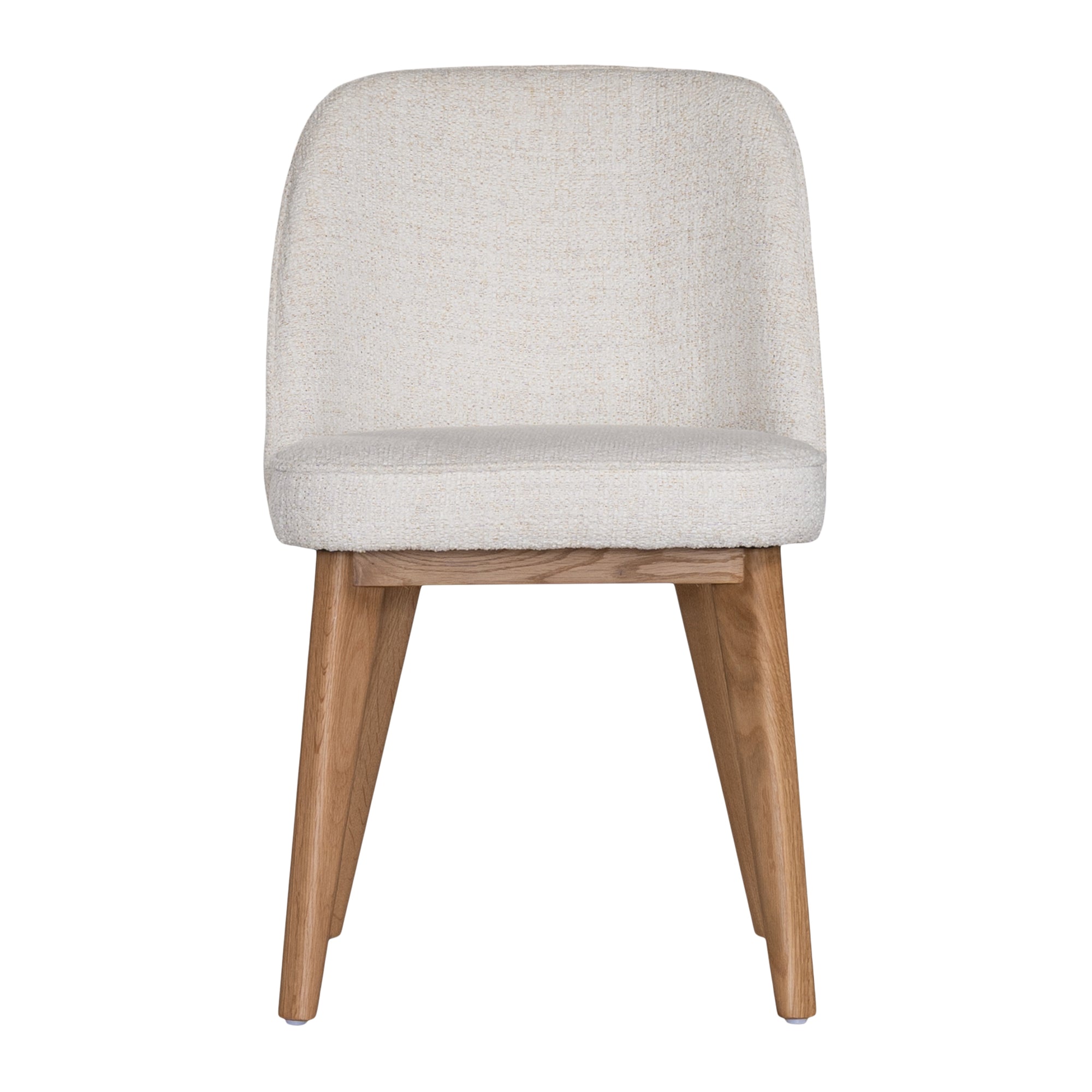 Elegant boucle dining chair with a curved upholstered backrest and plush cushioned seat, supported by tapered lightwood legs. A refined and comfortable seating option for modern dining spaces