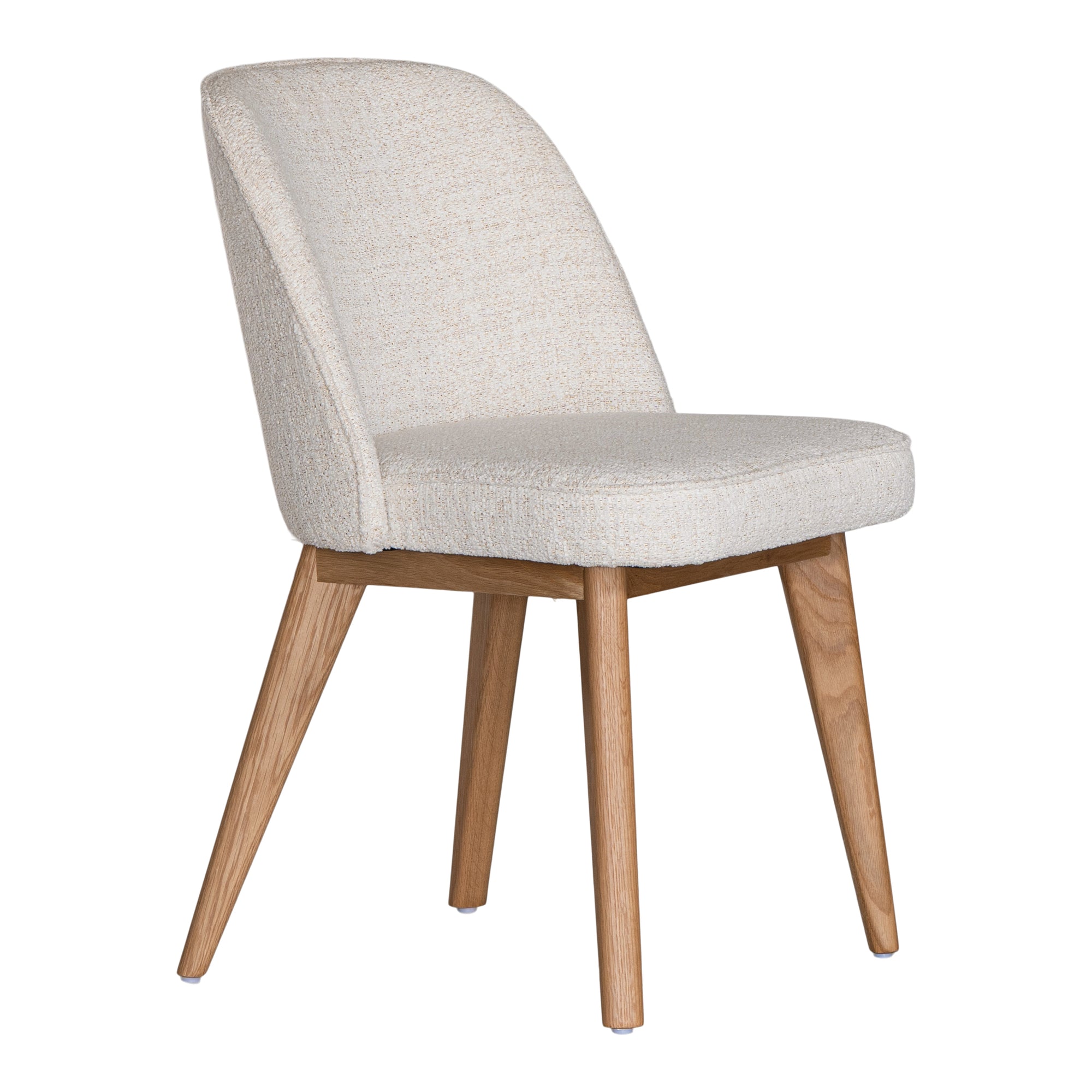 Elegant boucle dining chair with a curved upholstered backrest and plush cushioned seat, supported by tapered lightwood legs. A refined and comfortable seating option for modern dining spaces