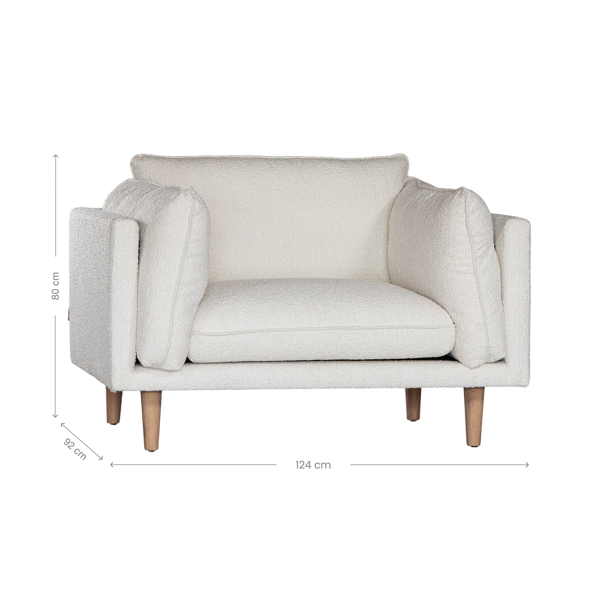 A luxurious white boucle armchair from KULALA Living, featuring plush cushioning and natural timber legs. A contemporary and stylish seating option designed for comfort and modern interiors