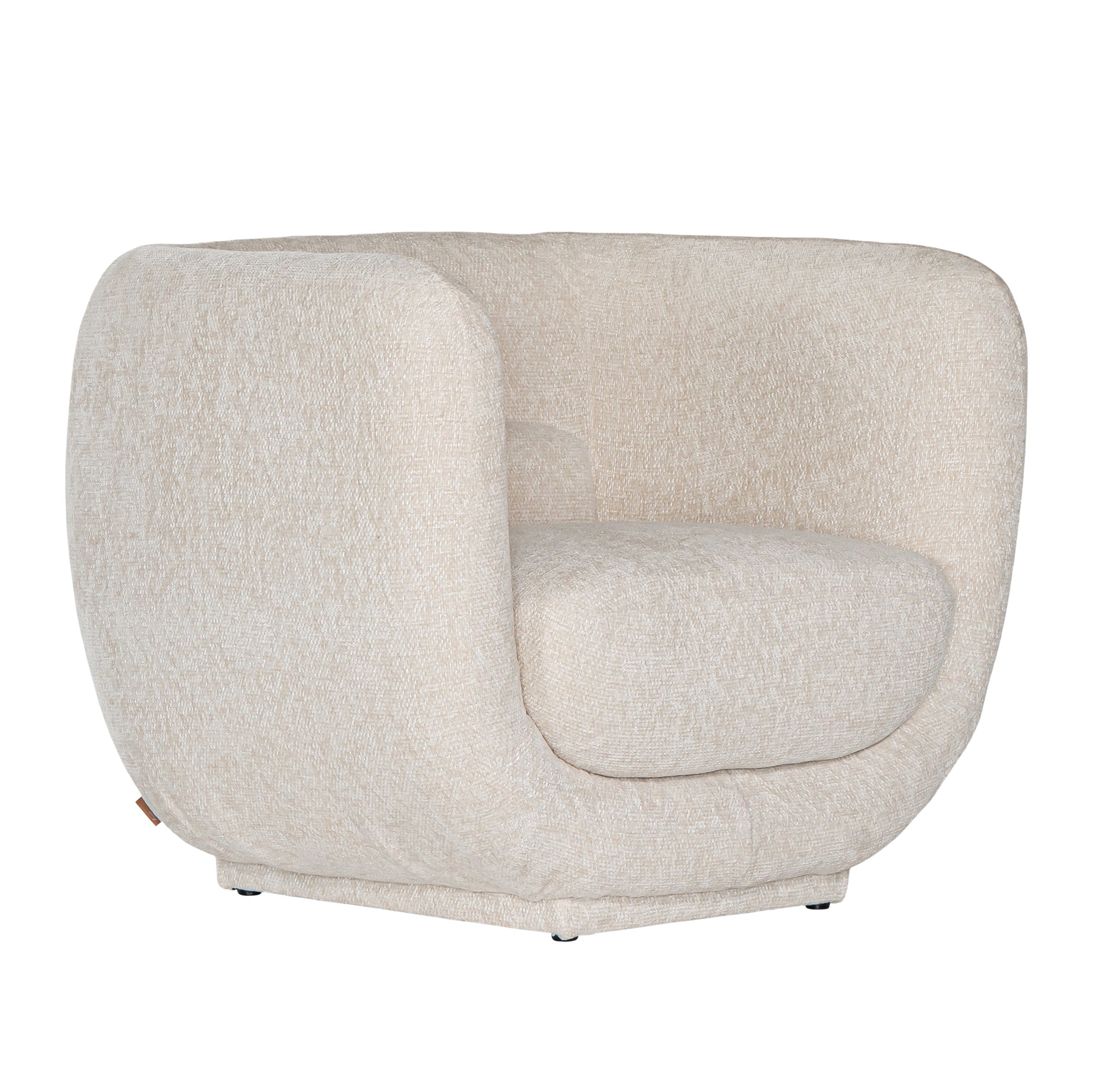 A modern curved armchair upholstered in soft ivory bouclé fabric from KULALA Living. Designed for comfort and style, this contemporary accent chair adds elegance to any living space