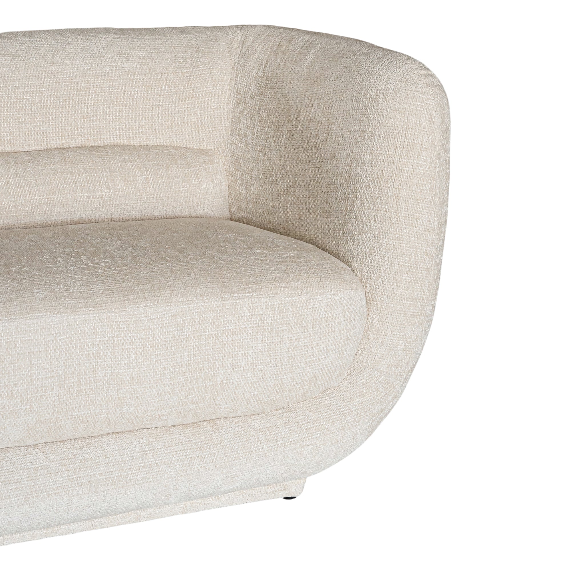 A modern curved sofa upholstered in soft ivory bouclé fabric from KULALA Living. Designed for comfort and style, this contemporary accent chair adds elegance to any living space