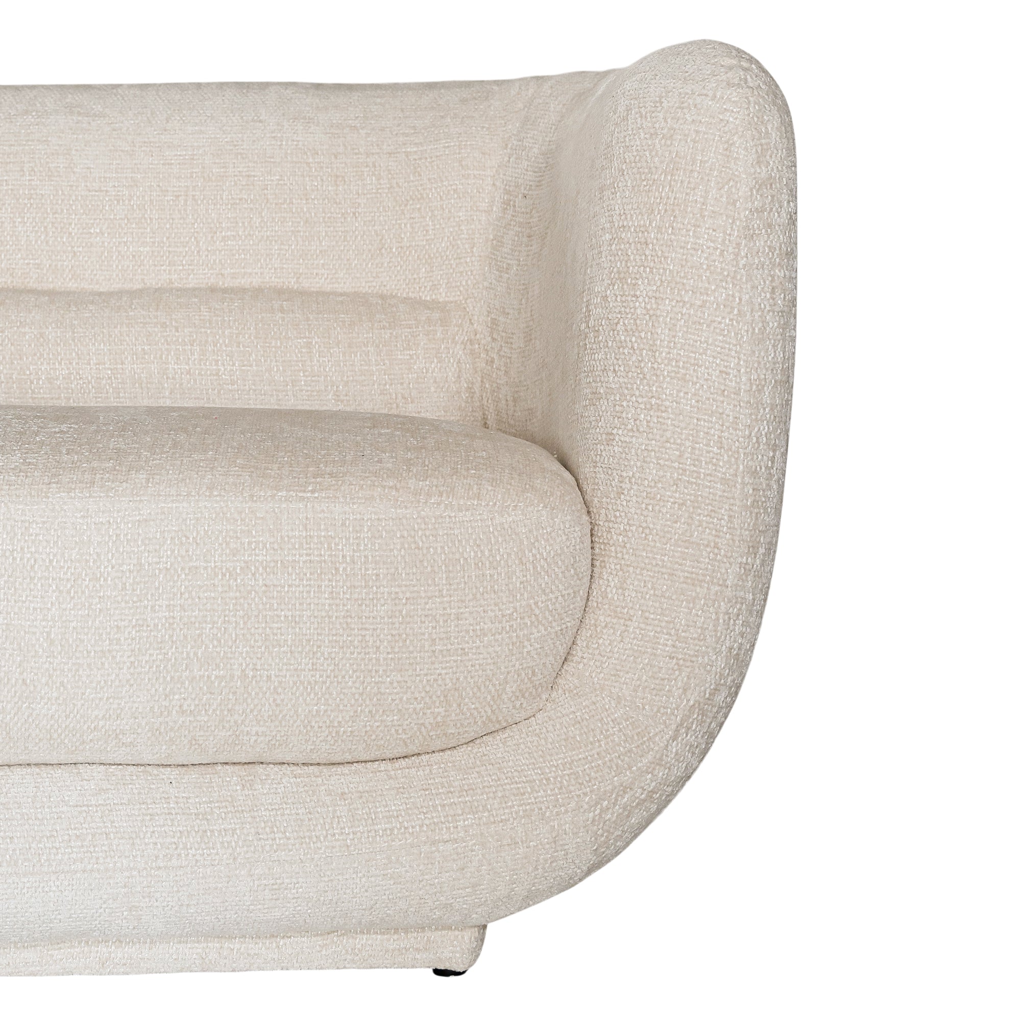 A modern curved sofa upholstered in soft ivory bouclé fabric from KULALA Living. Designed for comfort and style, this contemporary accent chair adds elegance to any living space