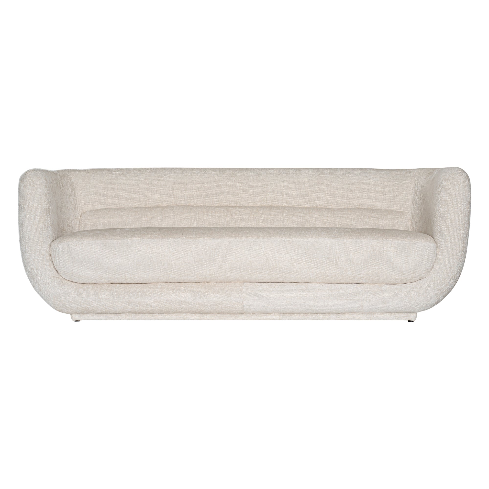 A modern curved sofa upholstered in soft ivory bouclé fabric from KULALA Living. Designed for comfort and style, this contemporary accent chair adds elegance to any living space