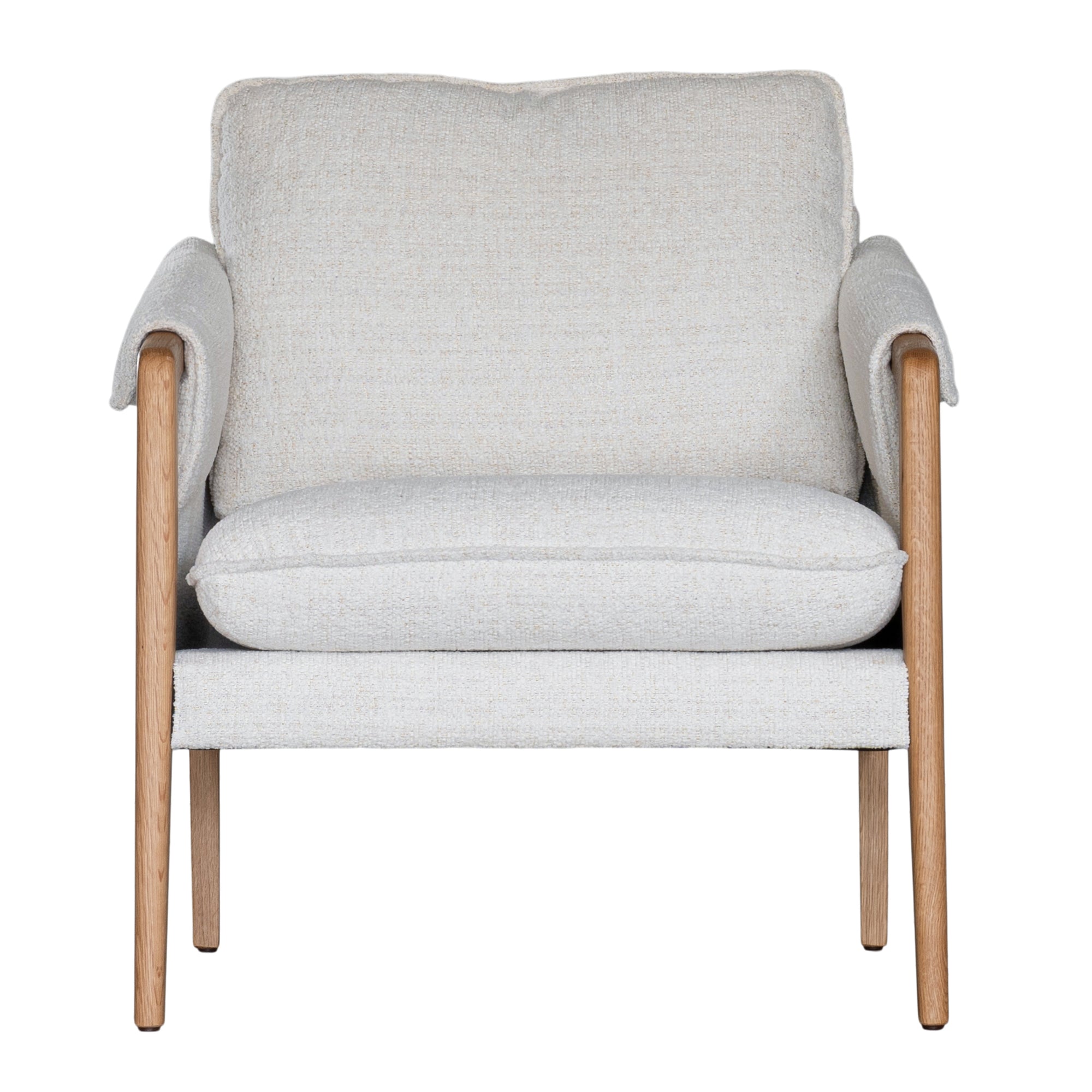 A sophisticated Hamptons-style armchair from KULALA Living, featuring a natural oak frame and soft linen upholstery in a neutral hue. Designed for both comfort and elegance, perfect for contemporary and coastal interiors