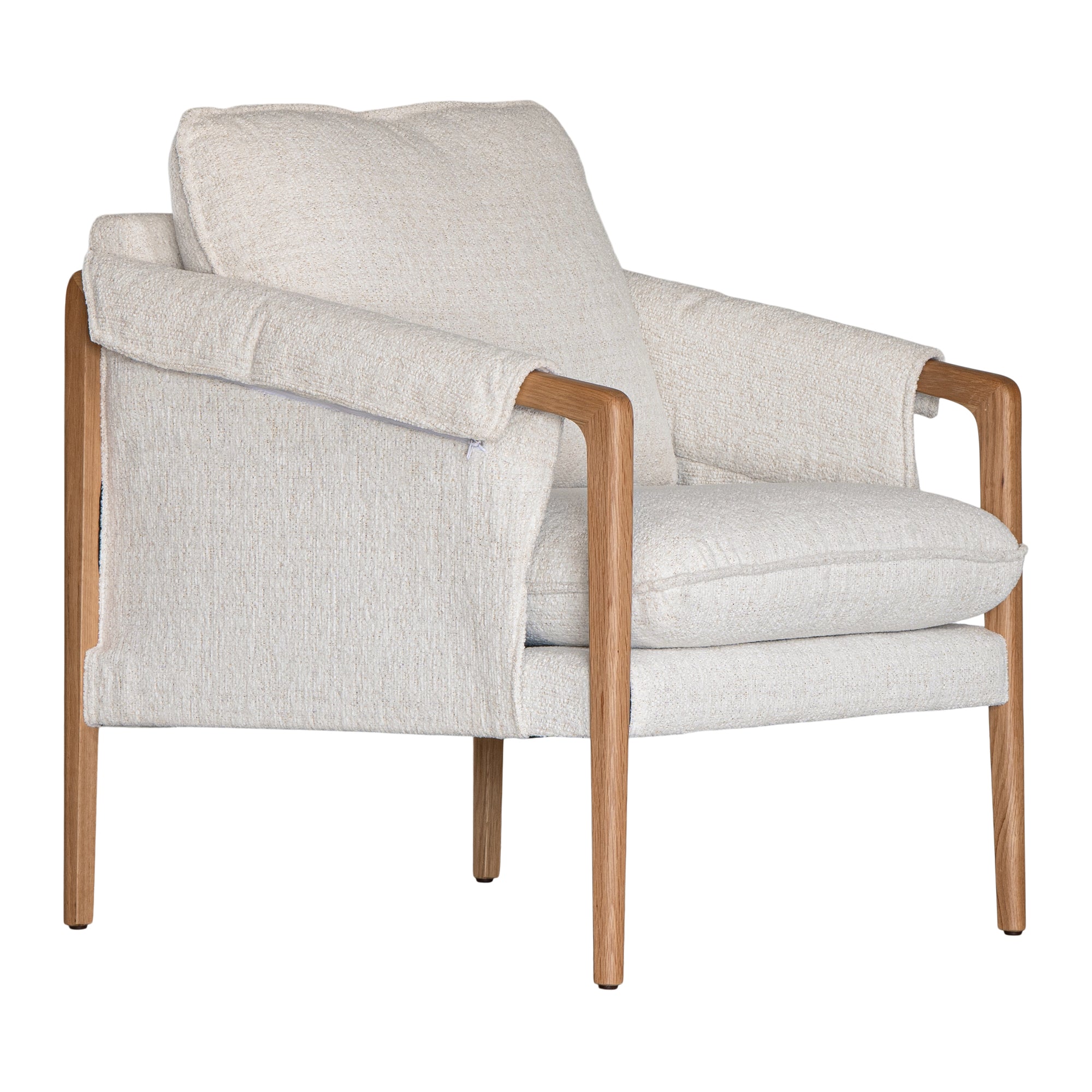 A sophisticated Hamptons-style armchair from KULALA Living, featuring a natural oak frame and soft linen upholstery in a neutral hue. Designed for both comfort and elegance, perfect for contemporary and coastal interiors