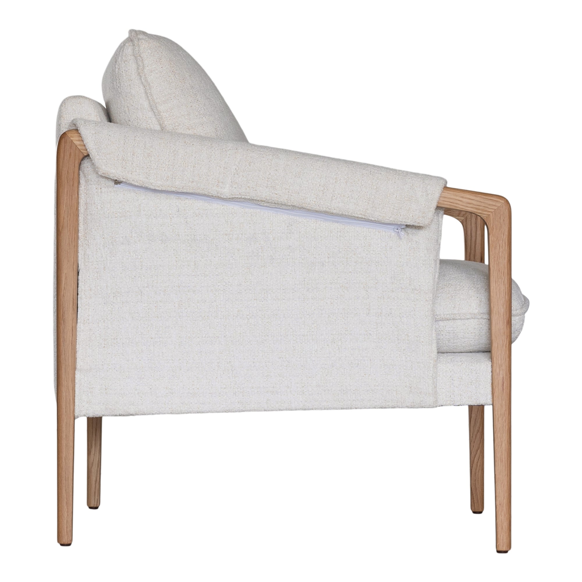 A sophisticated Hamptons-style armchair from KULALA Living, featuring a natural oak frame and soft linen upholstery in a neutral hue. Designed for both comfort and elegance, perfect for contemporary and coastal interiors