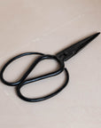 A pair of handcrafted black iron scissors with a vintage-inspired design, presented in a minimalist brown cardboard box