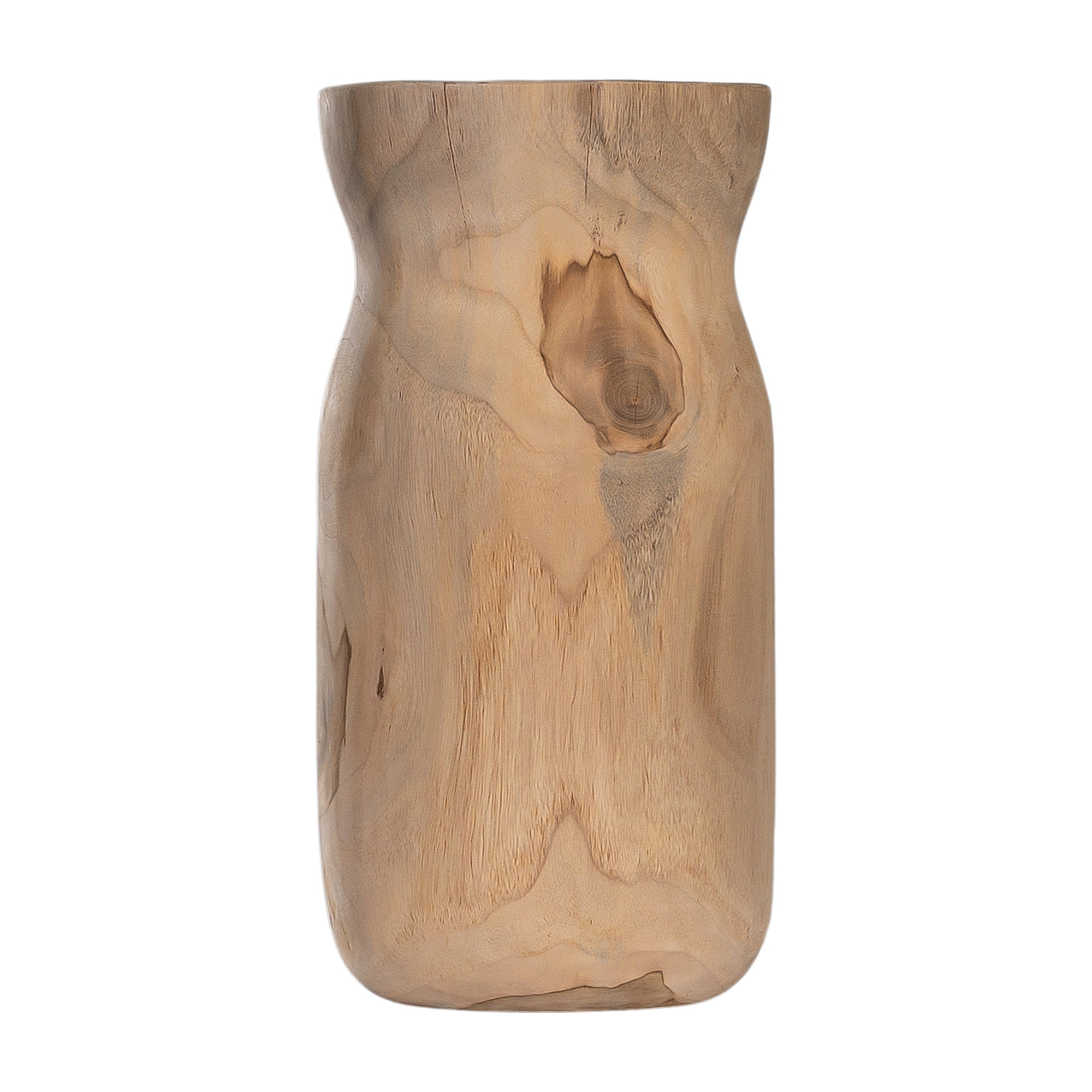 Hand-carved teak vases showcasing organic grain patterns and a smooth natural finish. A versatile decorative accent for refined interiors