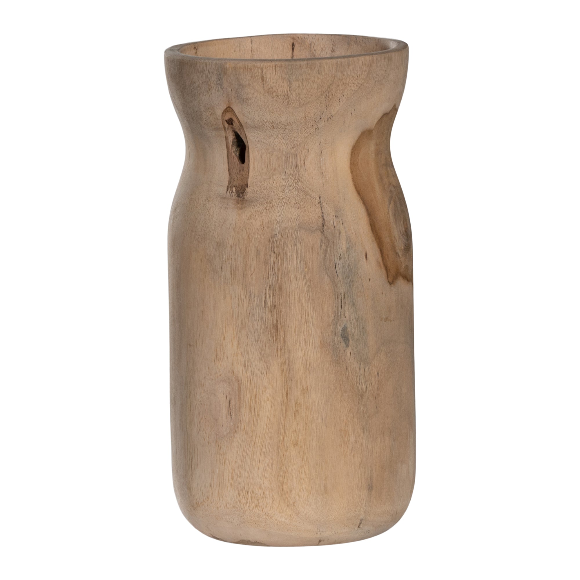 Hand-carved teak vases showcasing organic grain patterns and a smooth natural finish. A versatile decorative accent for refined interiors