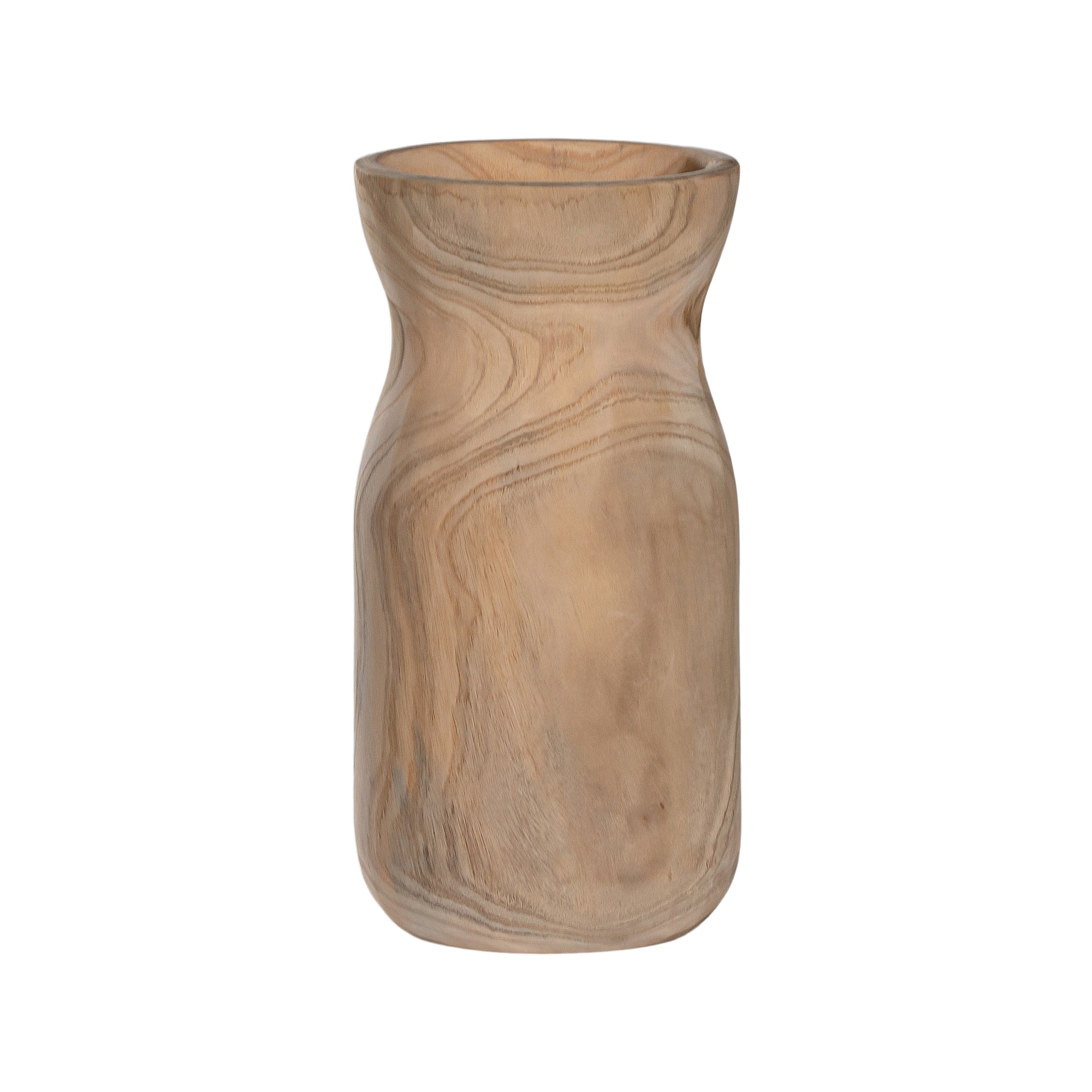 Hand-carved teak vases showcasing organic grain patterns and a smooth natural finish. A versatile decorative accent for refined interiors